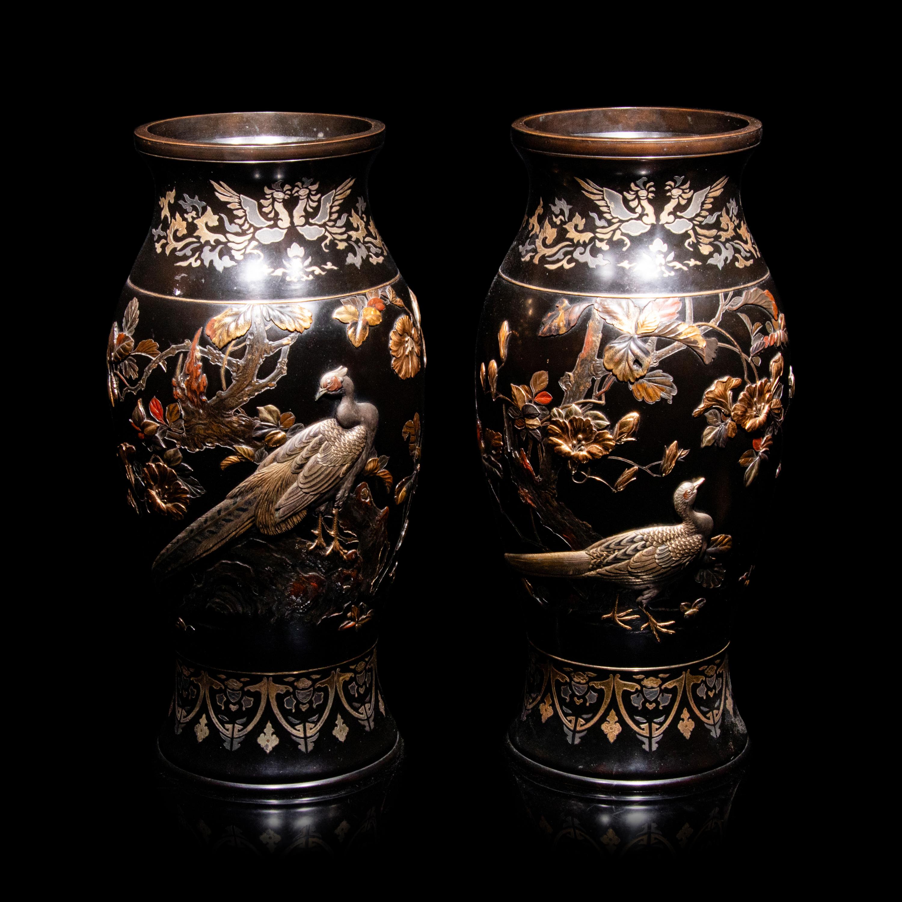 A Pair of Japanese Bronze and Mixed-Metal Baluster Vases, Meiji Period, Late 19th Century