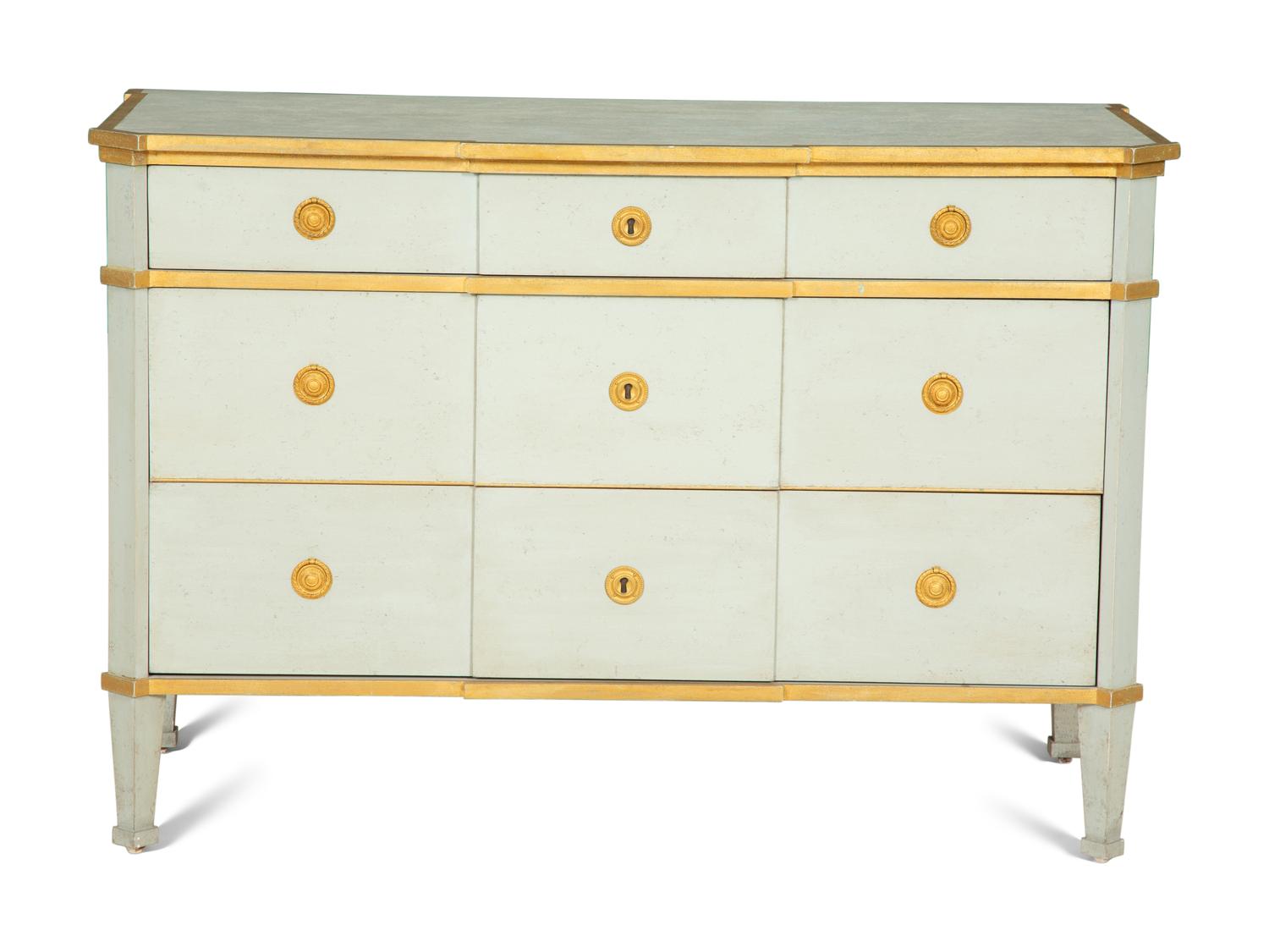 A Green Painted and Parcel Gilt Chest of Drawers