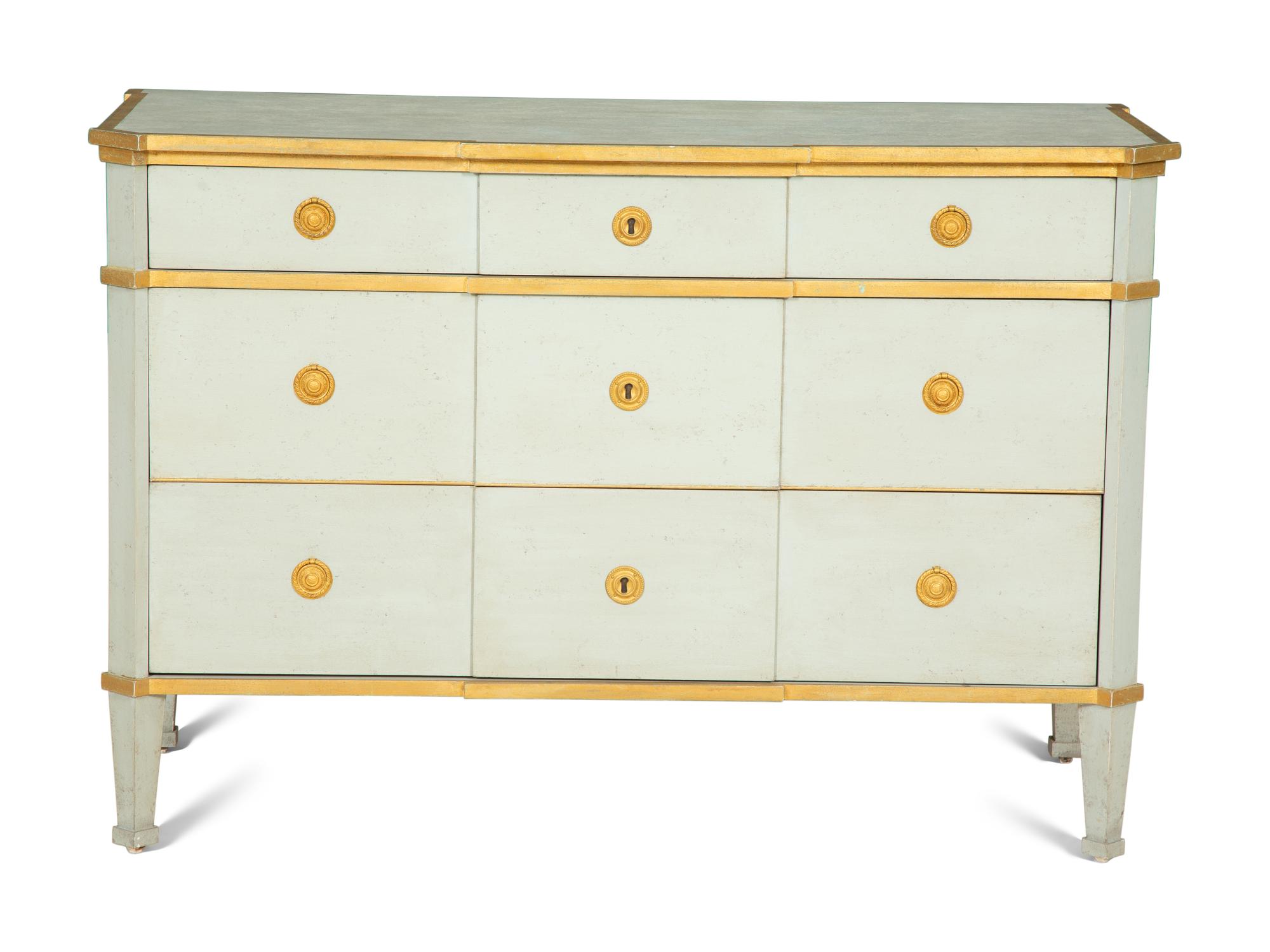A Green Painted and Parcel Gilt Chest of Drawers