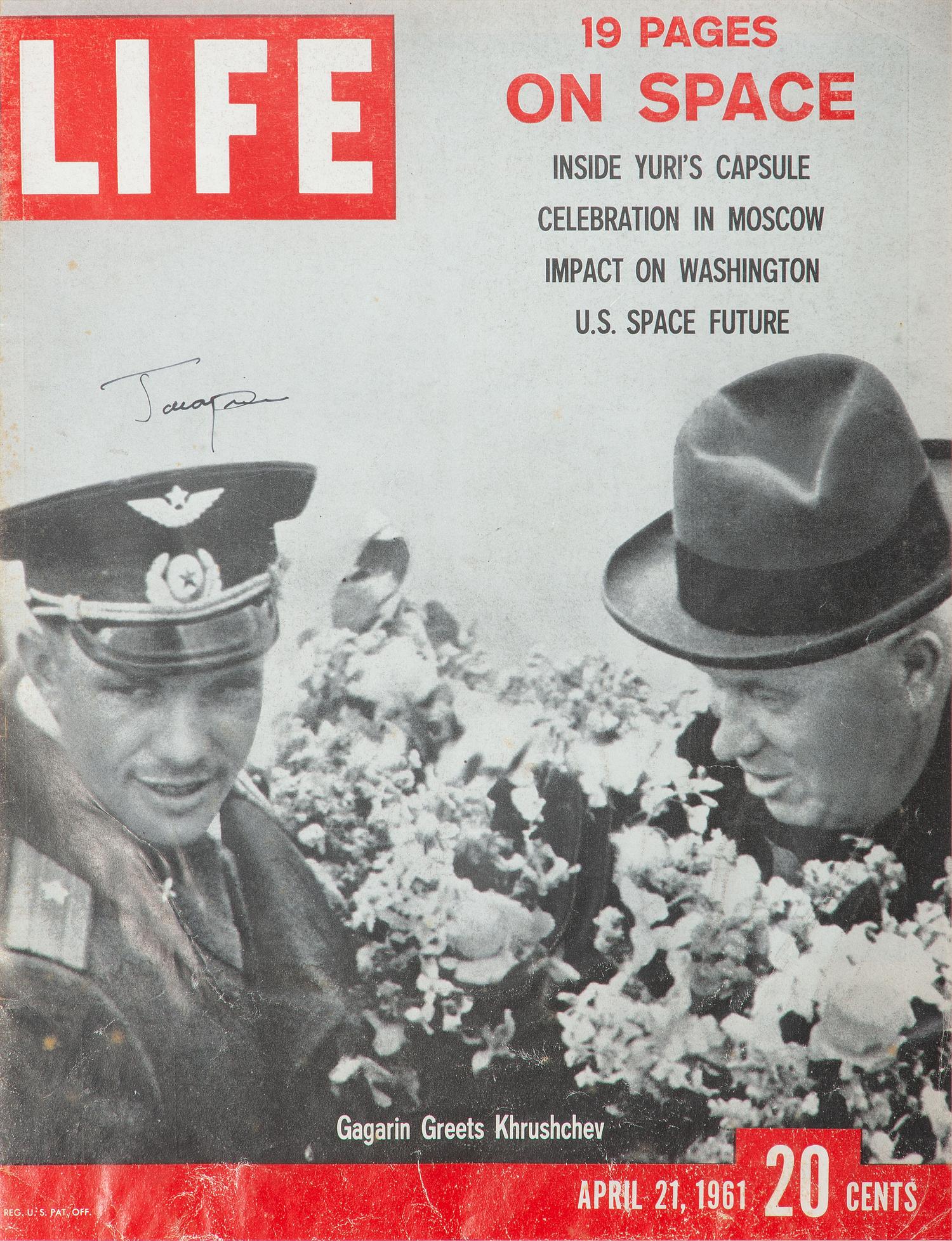 [SPACE EXPLORATION]. GAGARIN, Yuri (1934-1968). Life Magazine cover signed. 21 April 1961.