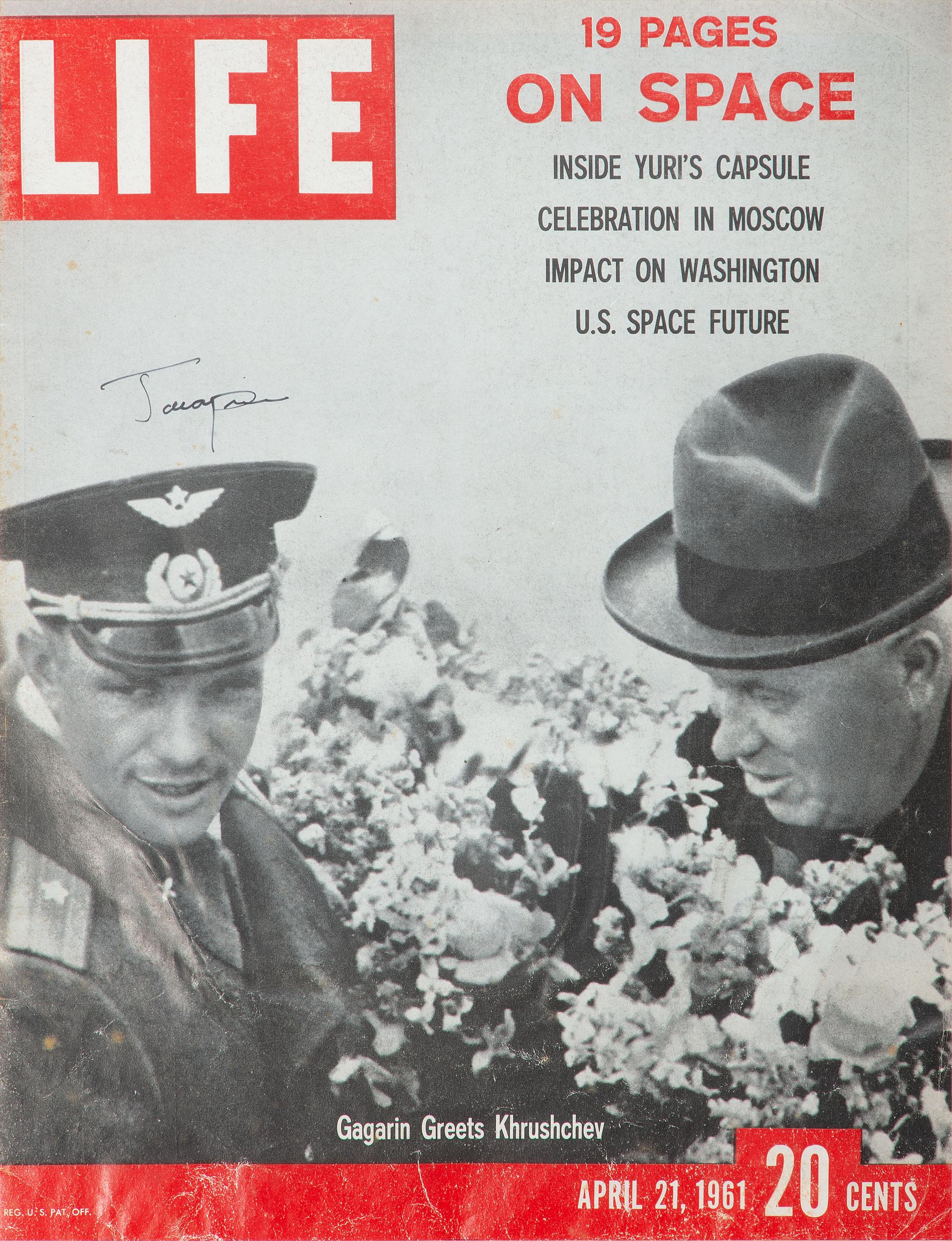 [SPACE EXPLORATION]. GAGARIN, Yuri (1934-1968). Life Magazine cover signed. 21 April 1961.