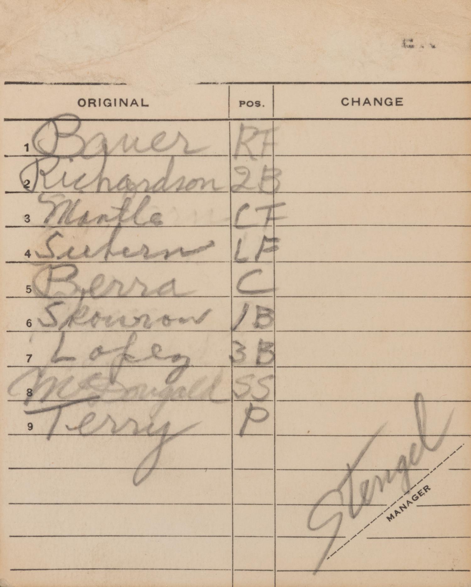 A 1959 Casey Stengel Signed New York Yankees Official Lineup Card with Mickey Mantle and Yogi Berra,