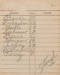 A 1959 Casey Stengel Signed New York Yankees Official Lineup Card with Mickey Mantle and Yogi Berra,