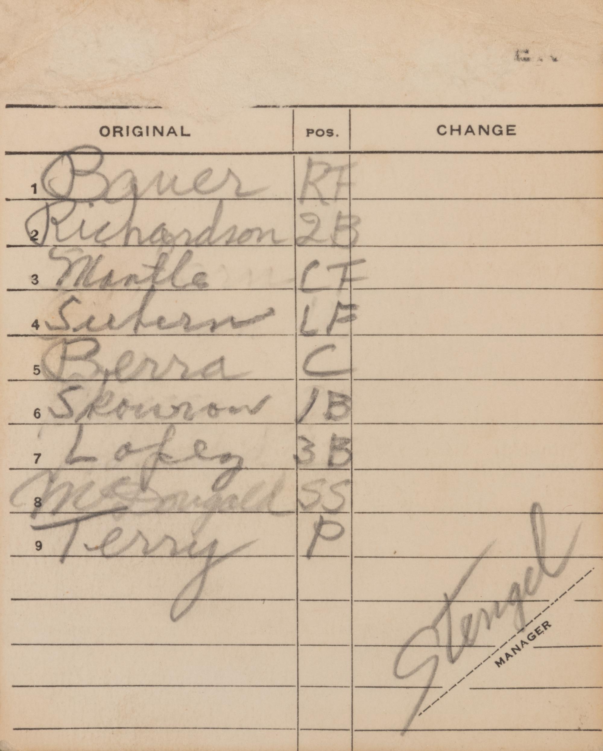 A 1959 Casey Stengel Signed New York Yankees Official Lineup Card with Mickey Mantle and Yogi Berra,