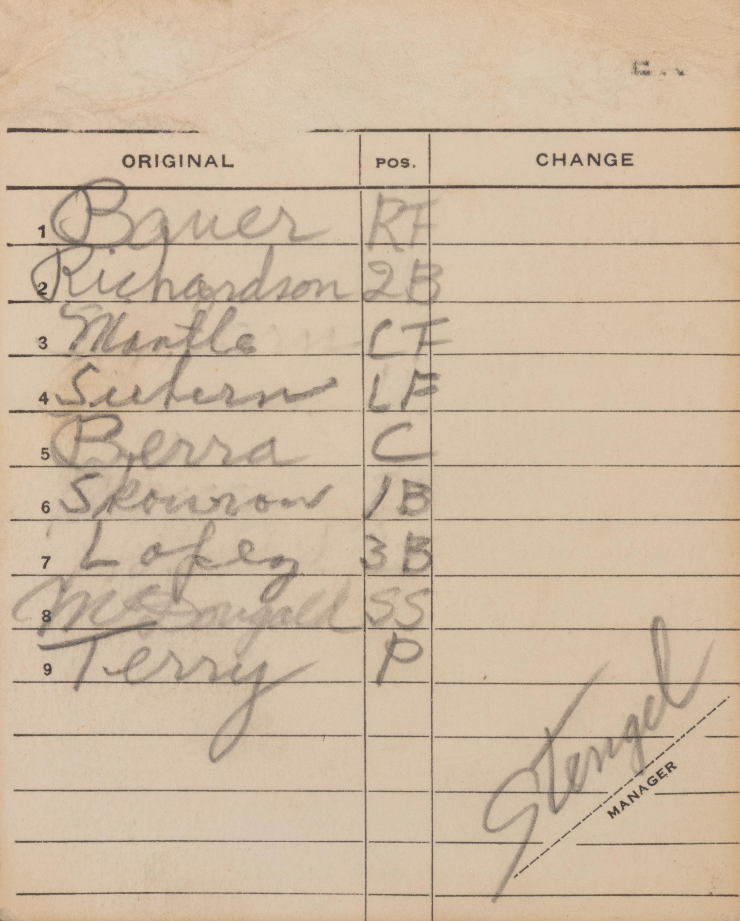 A 1959 Casey Stengel Signed New York Yankees Official Lineup Card with Mickey Mantle and Yogi Berra,