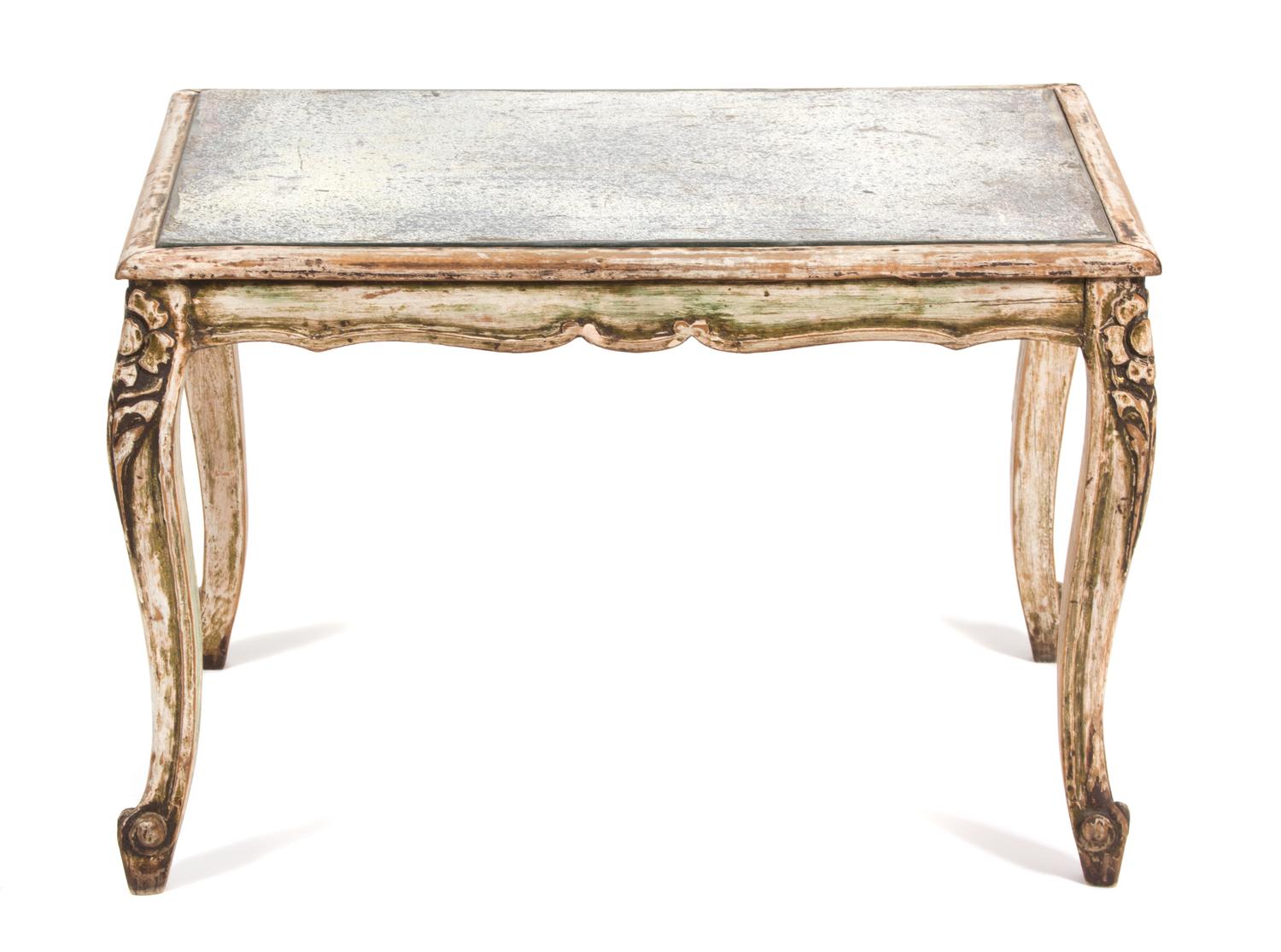 A Louis XV Style Mirrored Top Carved Wood Coffee Table Height 17 1/2 x width 26 x depth 18 1/4 inches. — 20TH CENTURY