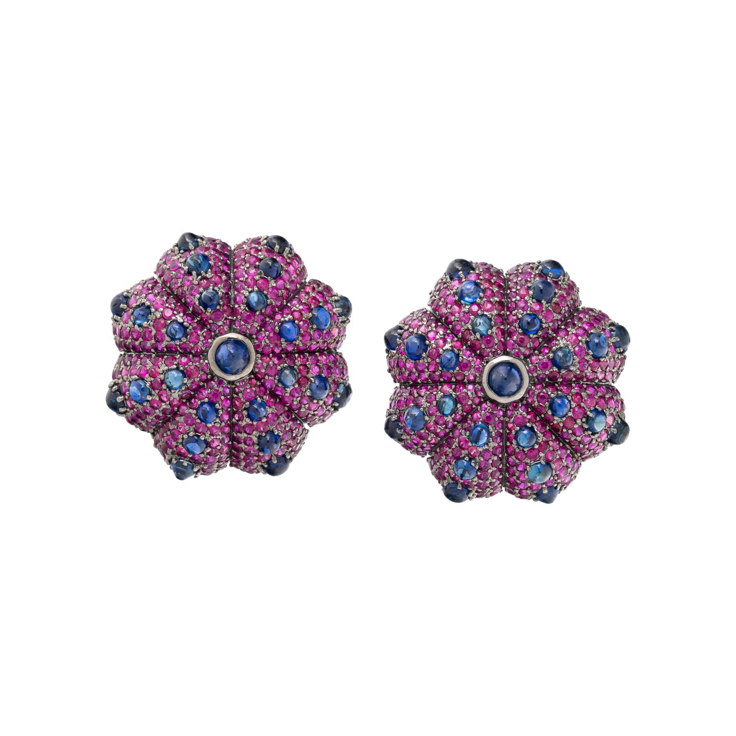 BLACKENED GOLD, SAPPHIRE, AND RUBY EARRINGS