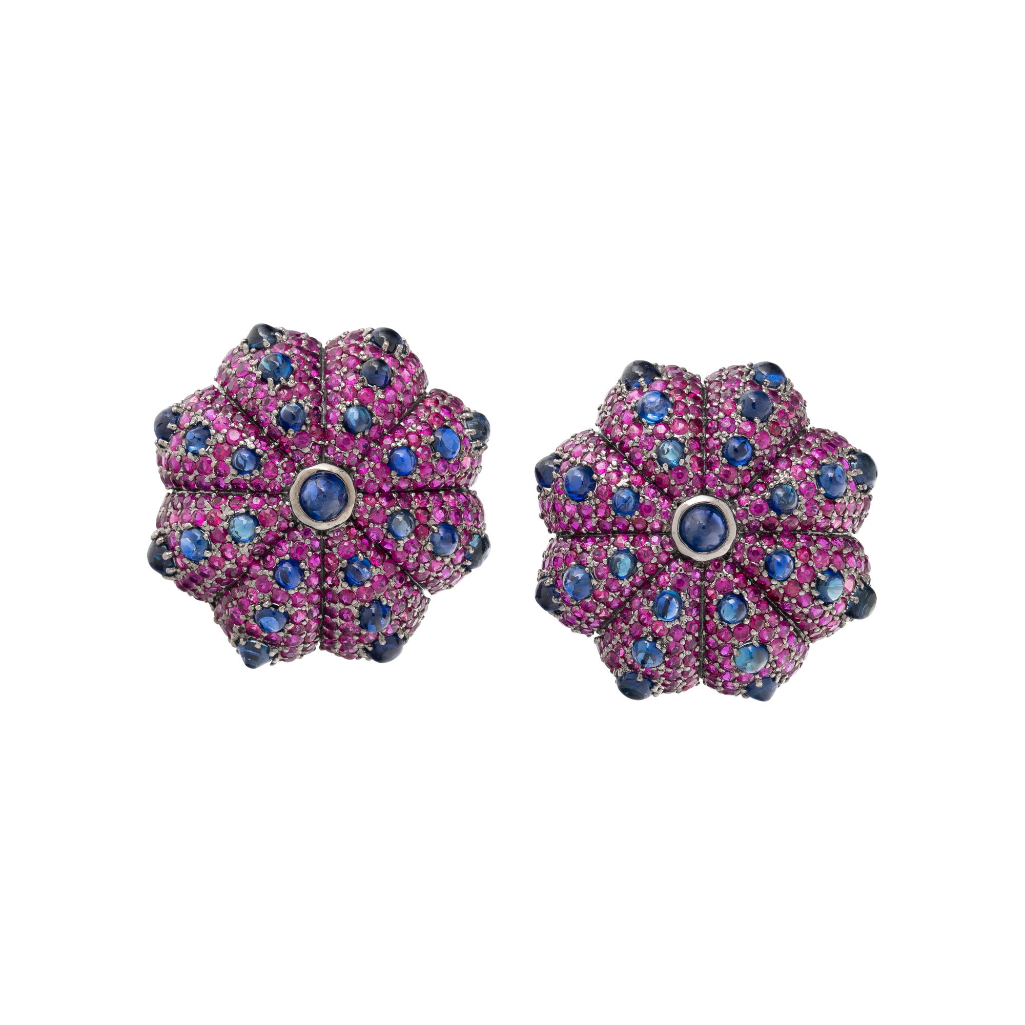 BLACKENED GOLD, SAPPHIRE, AND RUBY EARRINGS