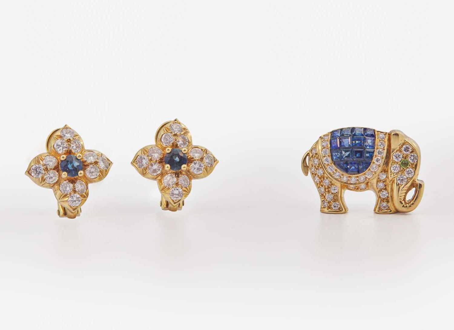 A Set of Sapphire and Diamond Ear Clips and Pin