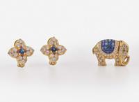 A Set of Sapphire and Diamond Ear Clips and Pin