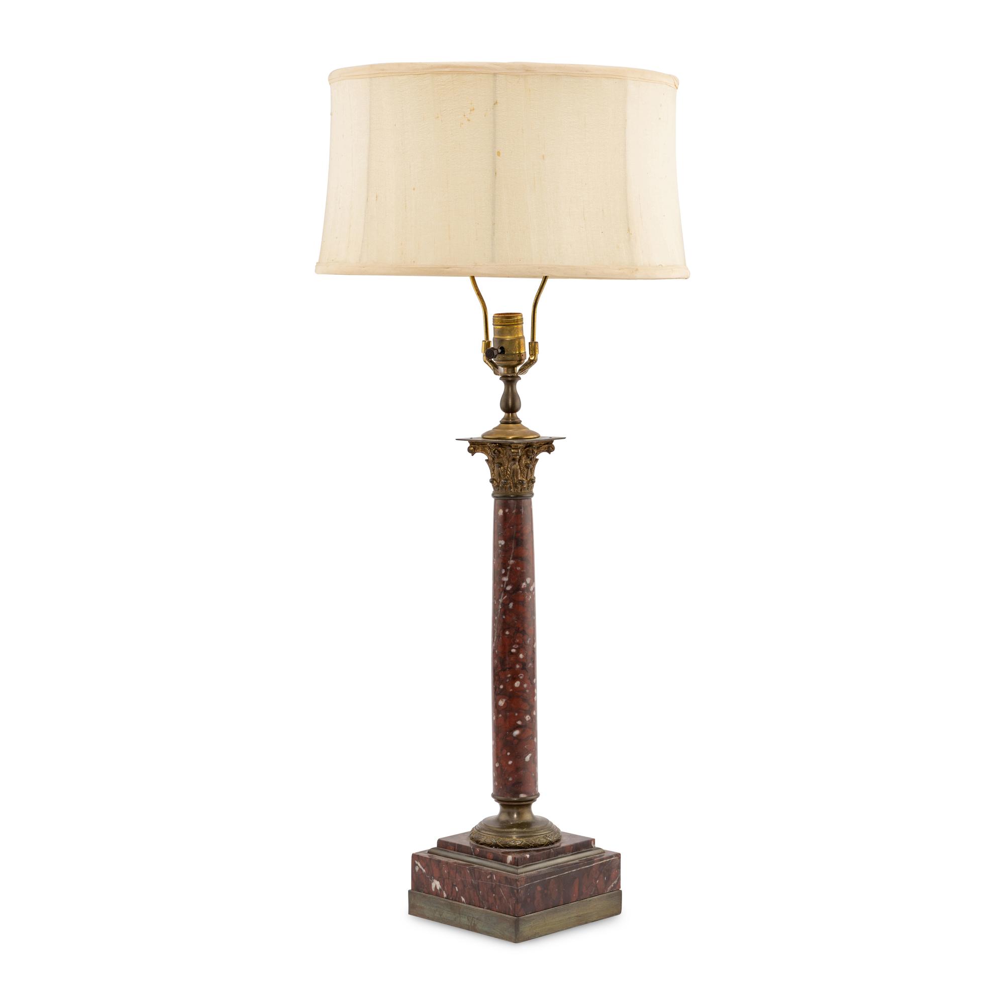 A Continental Gilt Metal and Red Marble Table Lamp