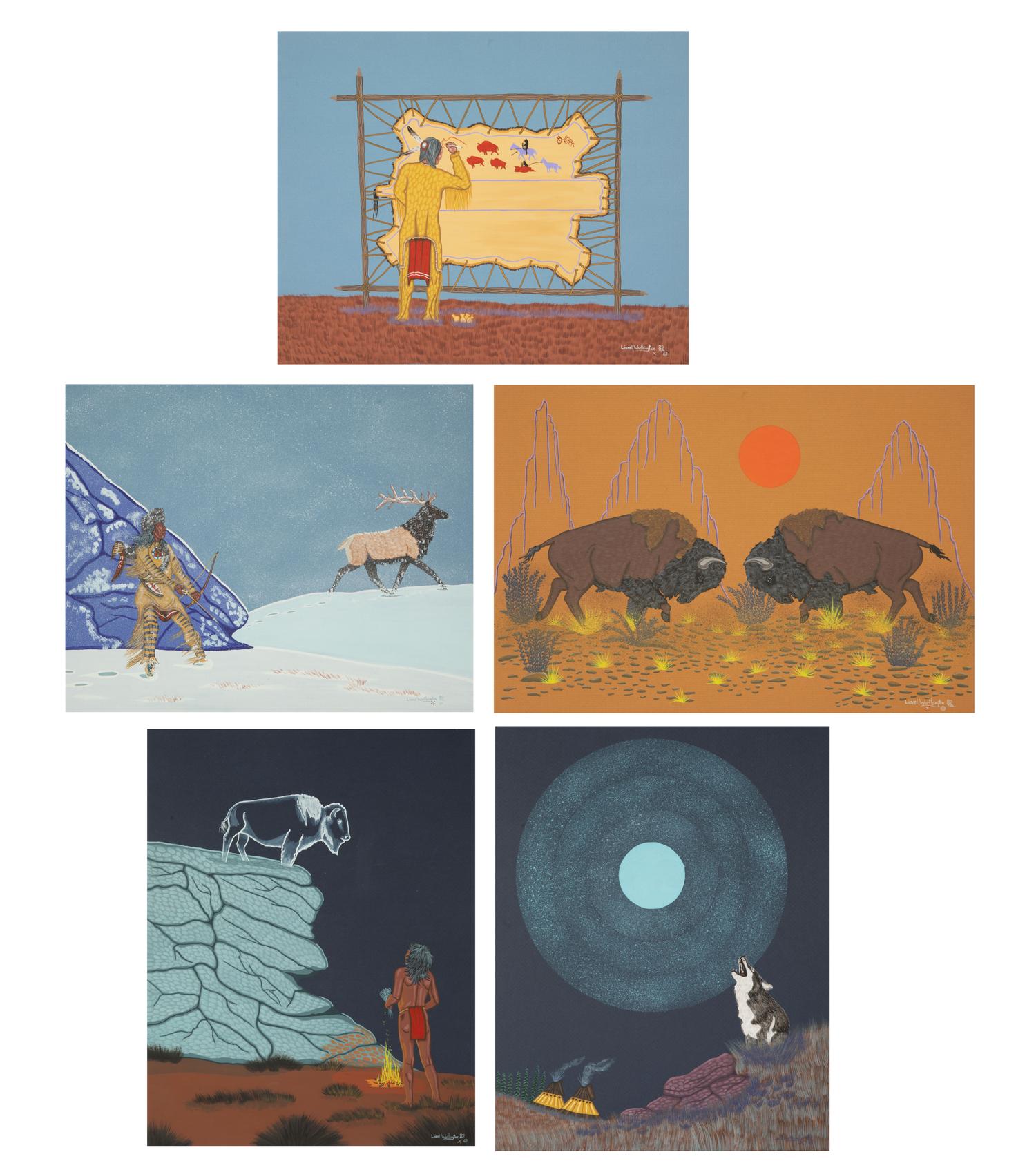 Five Works: Elk Hunt, Boy's Vision, Indian Artist , Buffalo Brawl and Cry of the Wolf