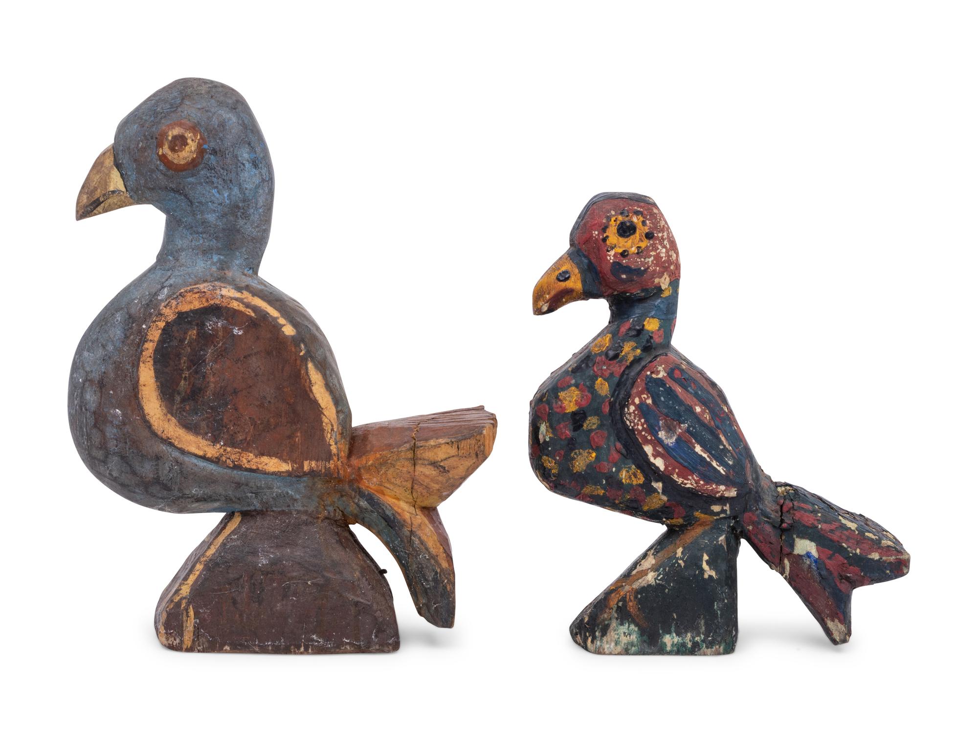 A Pair of Carved and Polychrome Painted Wooden Birds