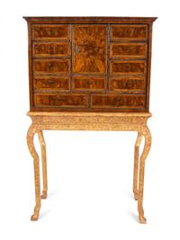 A William & Mary Style Cross-Banded Burlwood Cabinet on a Giltwood Stand
