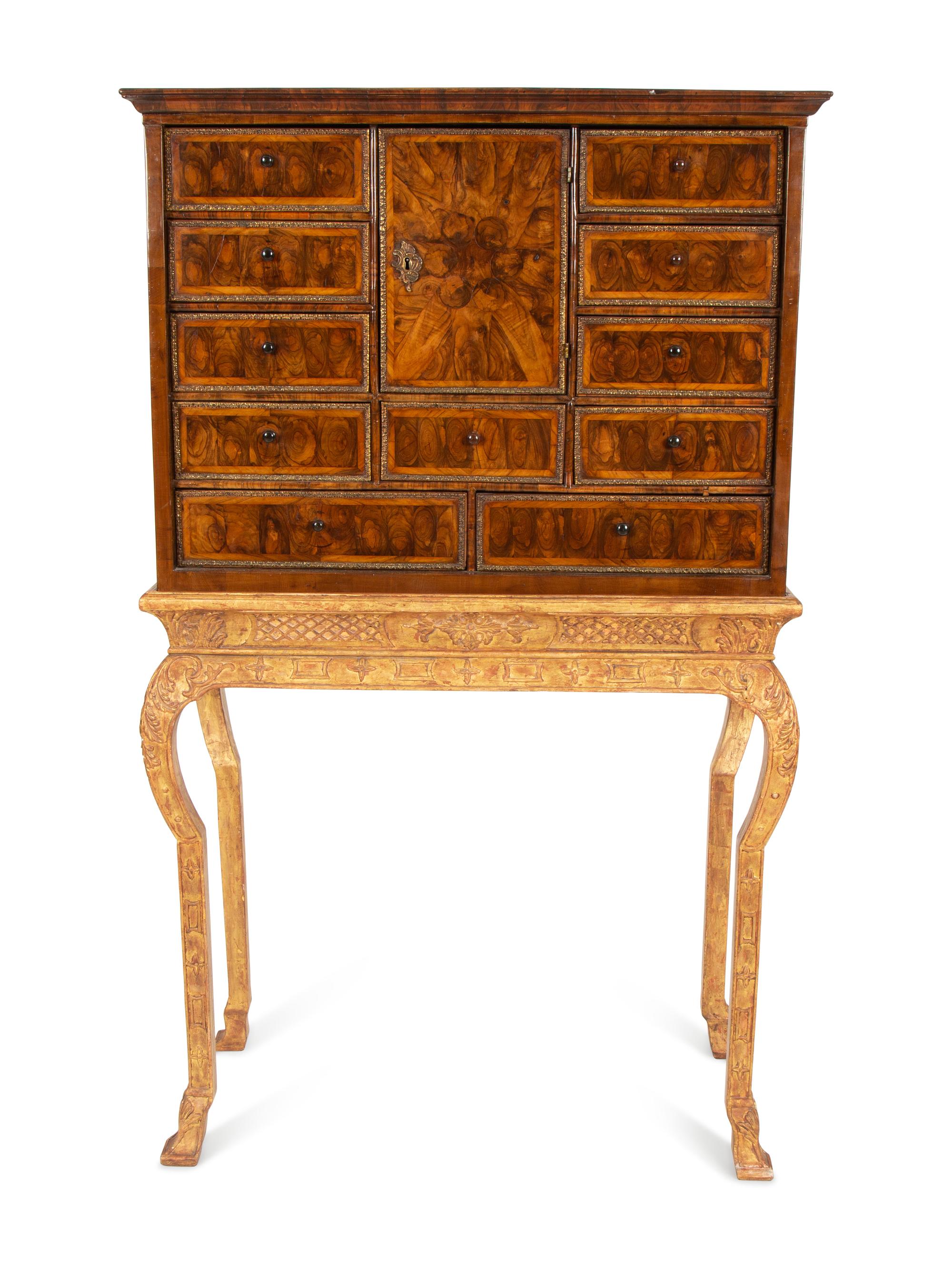 A William & Mary Style Cross-Banded Burlwood Cabinet on a Giltwood Stand