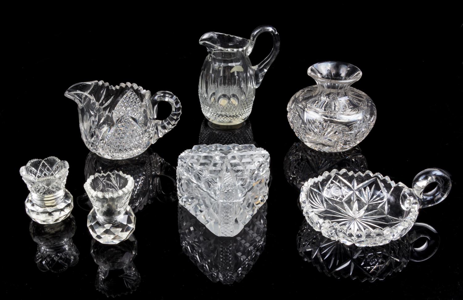 A Collection of Cut Glass Table Articles Height of tallest 5 1/4 inches.