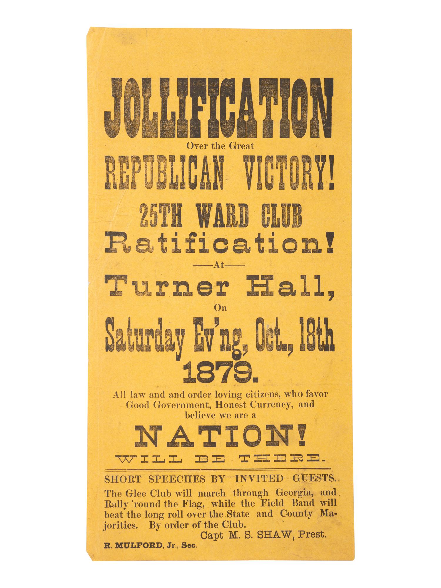 [GARFIELD, James A. (1831-1881)] Jollification Over the Great Republican Victory! [Georgia?], 1879.