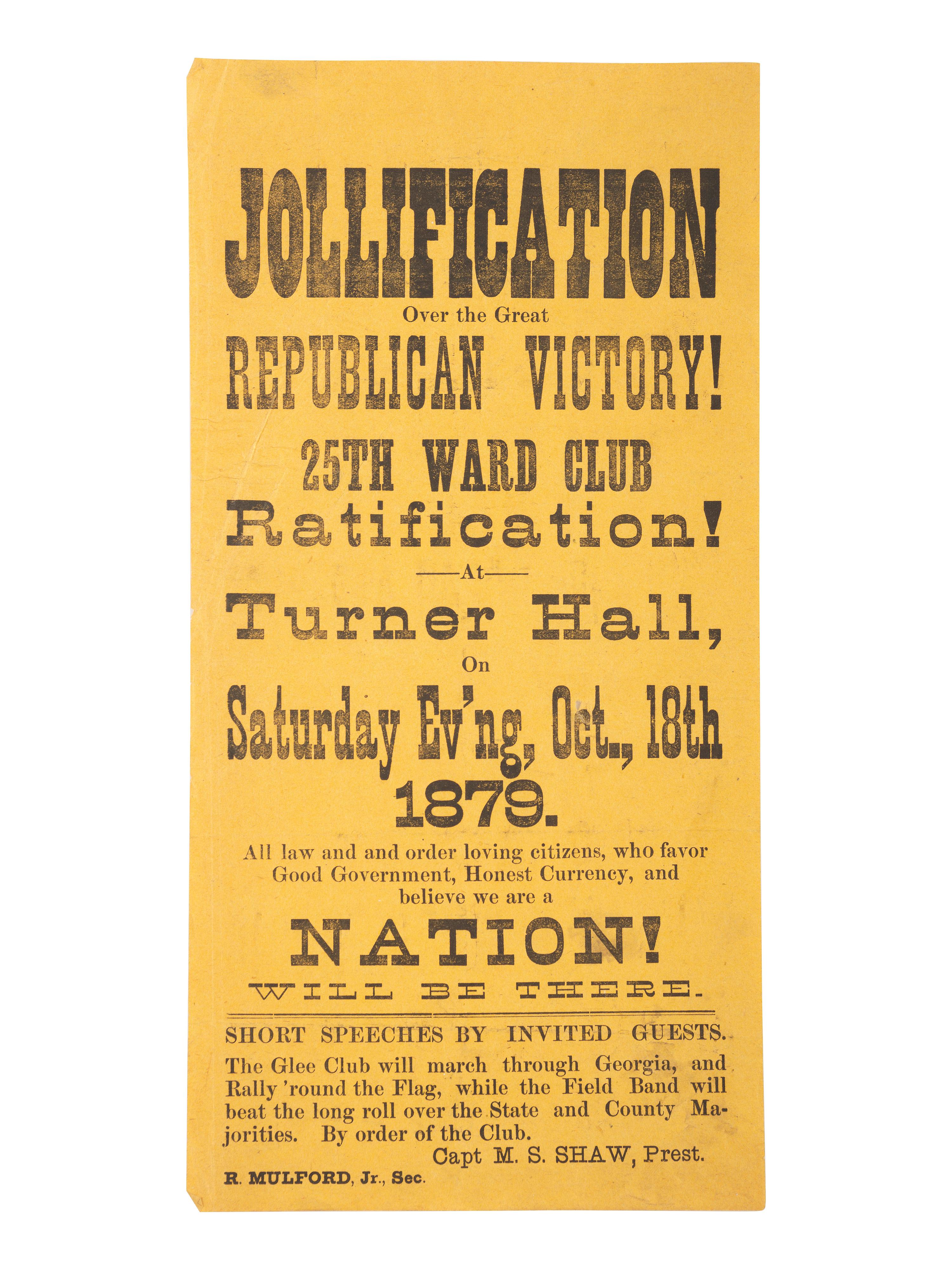 [GARFIELD, James A. (1831-1881)] Jollification Over the Great Republican Victory! [Georgia?], 1879.