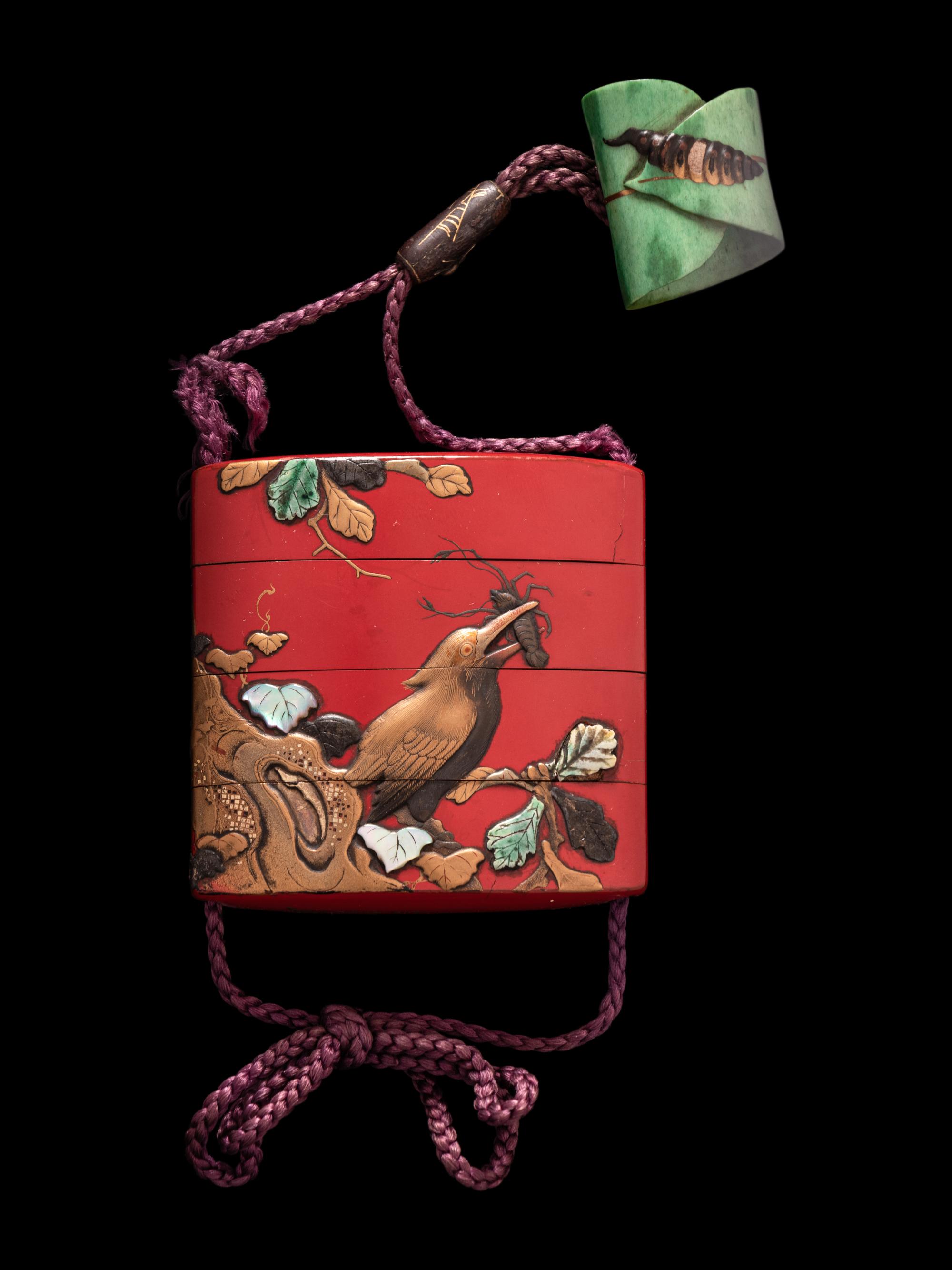A Japanese Inlaid Gold and Red Lacquer Three-Case Inro