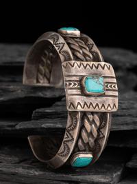 Heavy Navajo Silver and Turquoise Cuff Bracelet