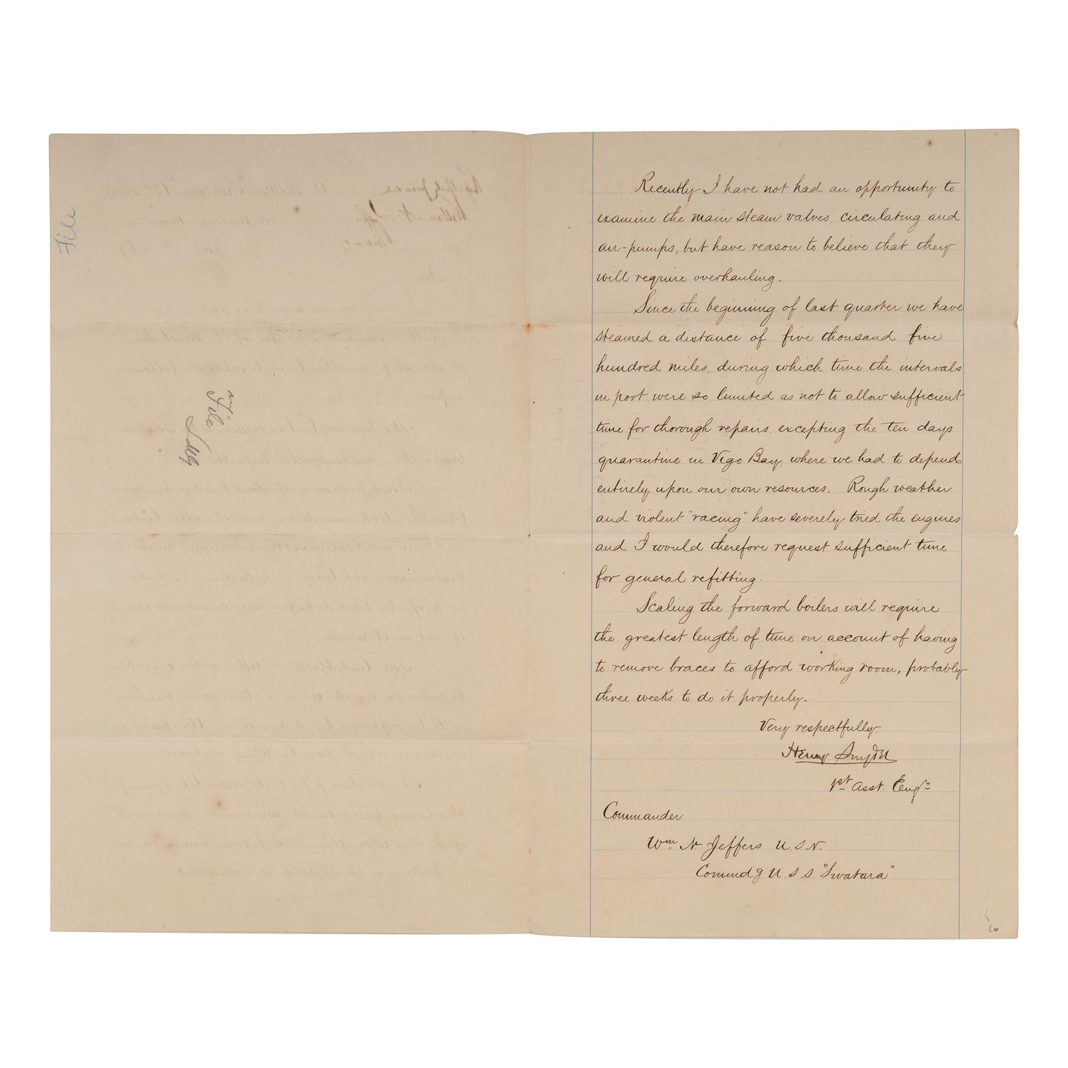 [CIVIL WAR] - [LINCOLN ASSASSINATION]. A group of 3 documents related to the Lincoln kidnapping and assassination plot, and the USS Swatara's pursuit of an alleged conspirator, comprising: