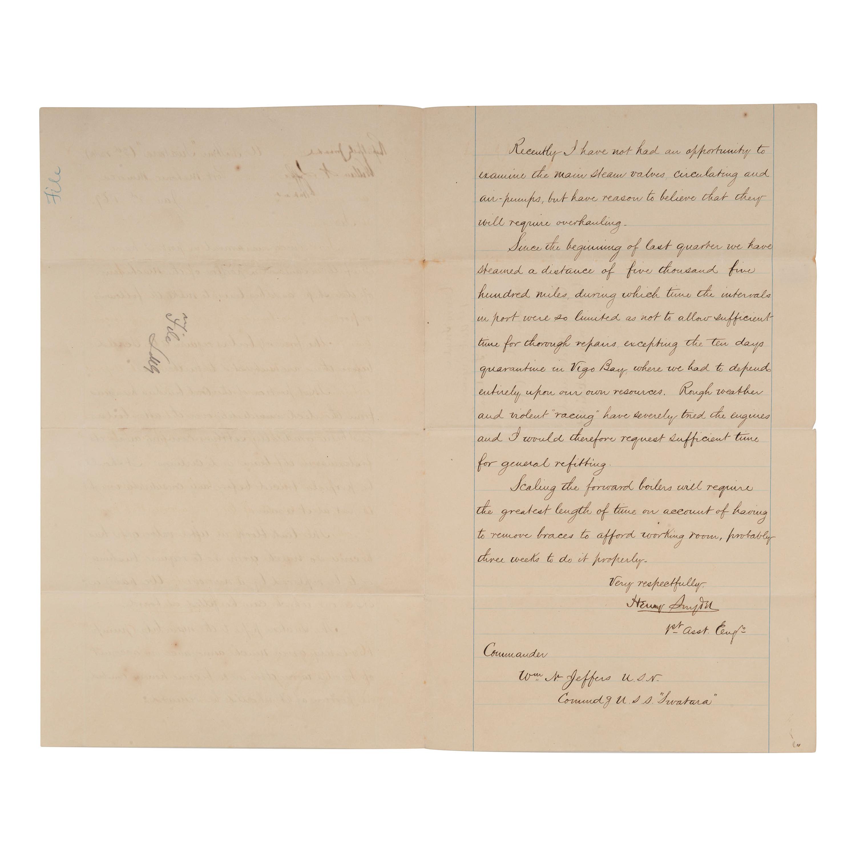 [CIVIL WAR] - [LINCOLN ASSASSINATION]. A group of 3 documents related to the Lincoln kidnapping and assassination plot, and the USS Swatara's pursuit of an alleged conspirator, comprising: