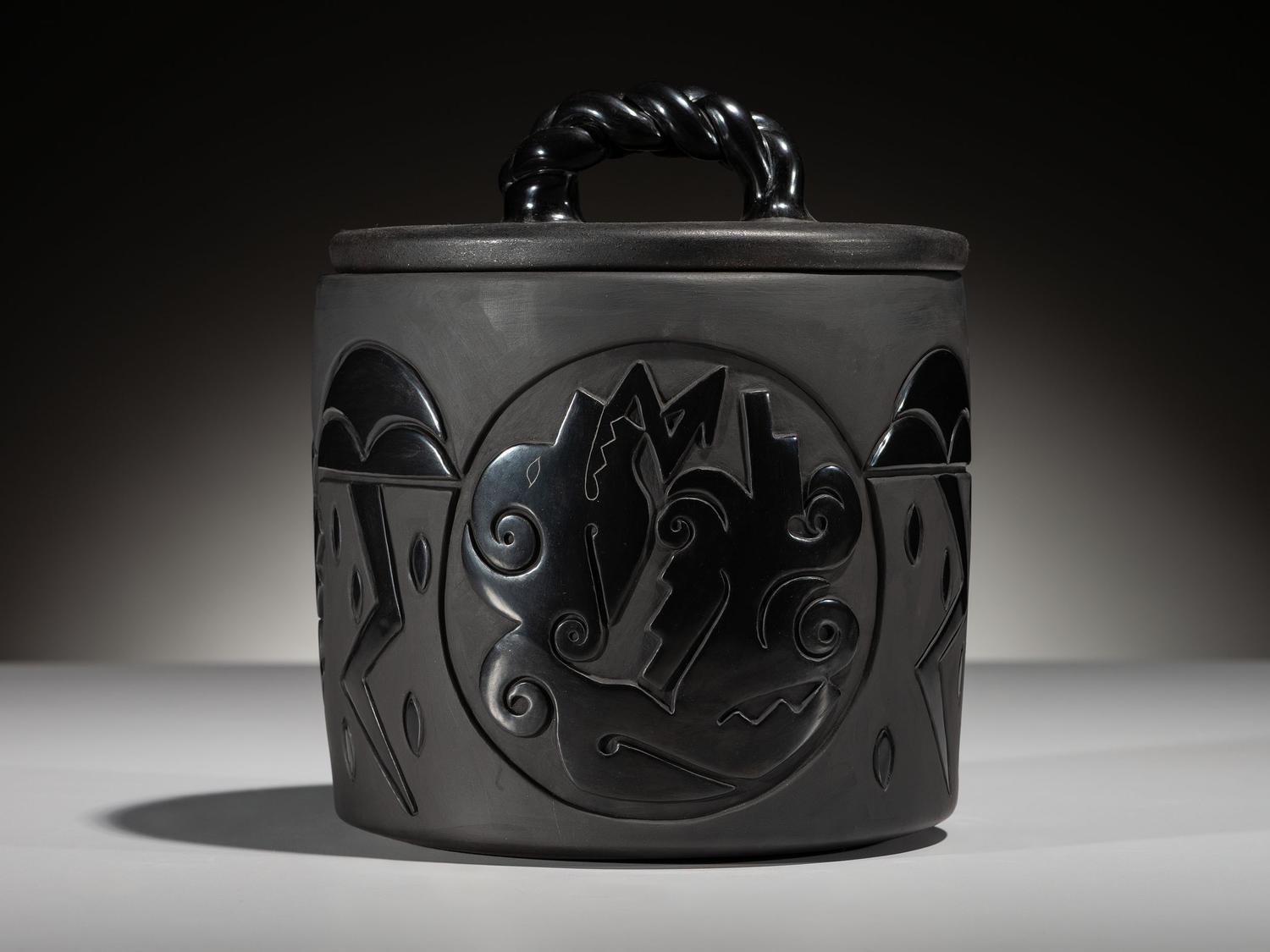 Carved Blackware Pottery Container, with Lid