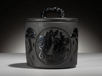 Carved Blackware Pottery Container, with Lid