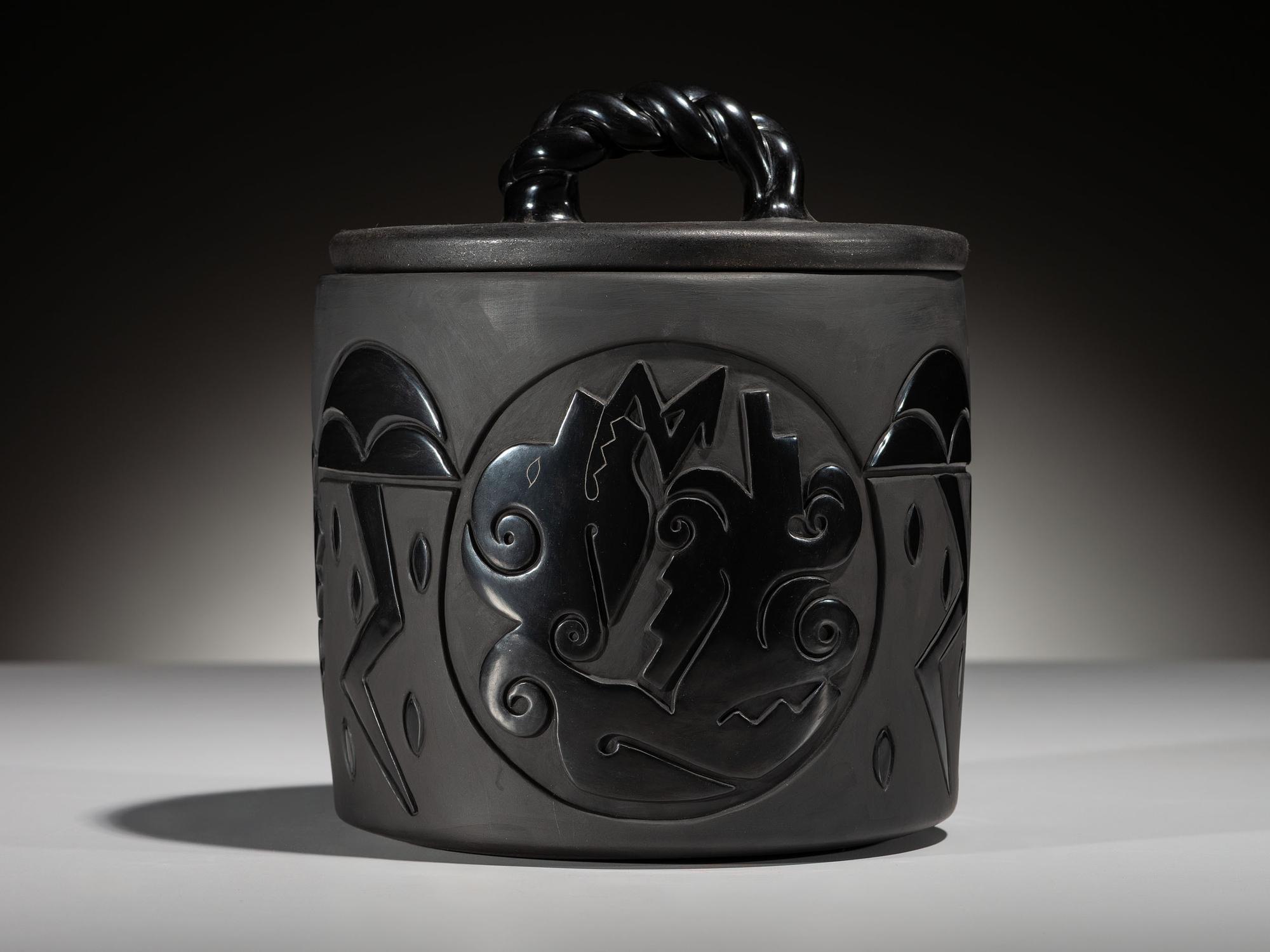 Carved Blackware Pottery Container, with Lid