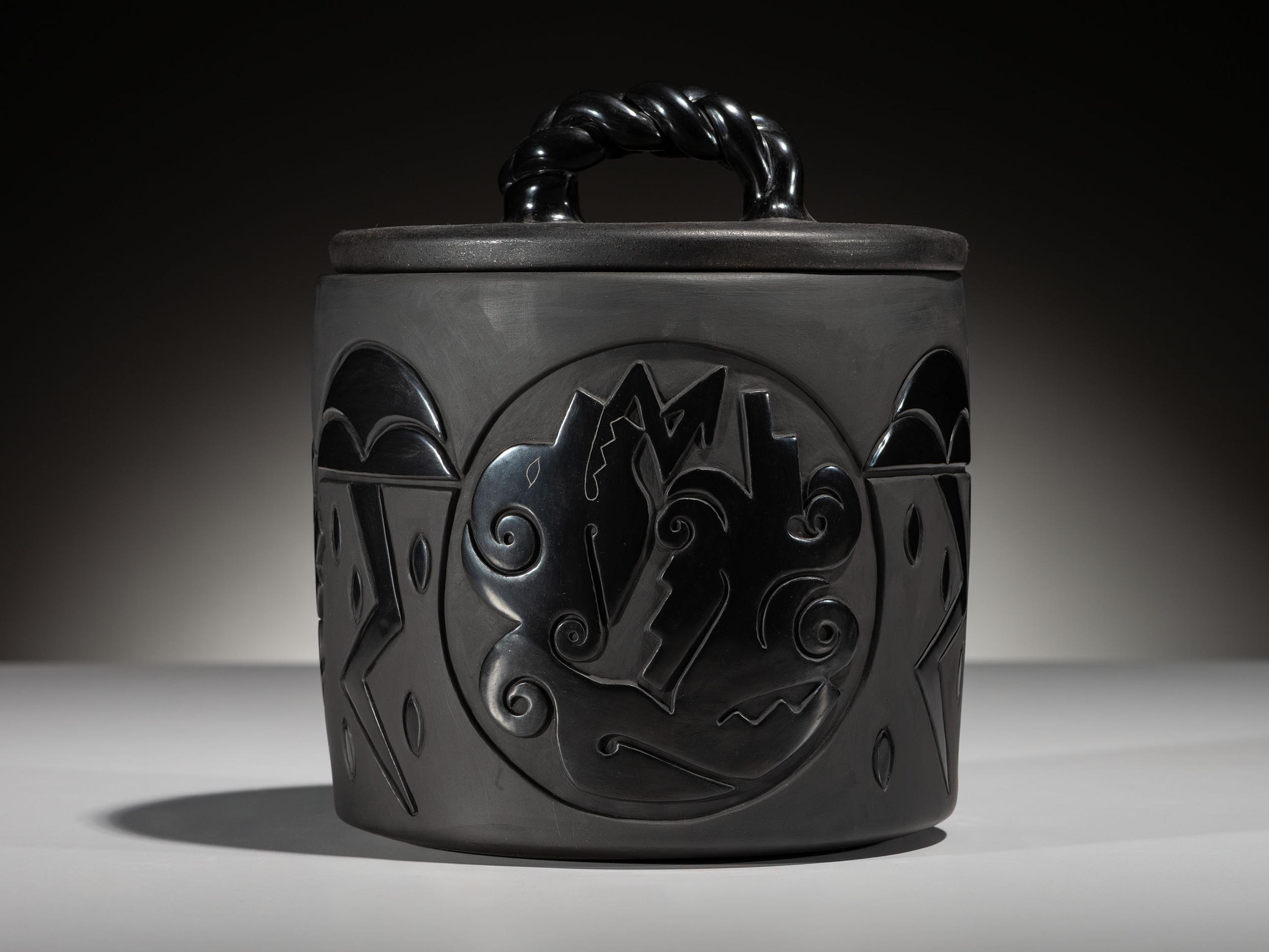 Carved Blackware Pottery Container, with Lid