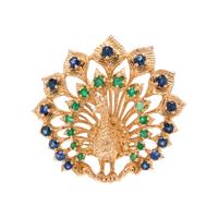 YELLOW GOLD, EMERALD AND SAPPHIRE PEACOCK PENDANT/BROOCH