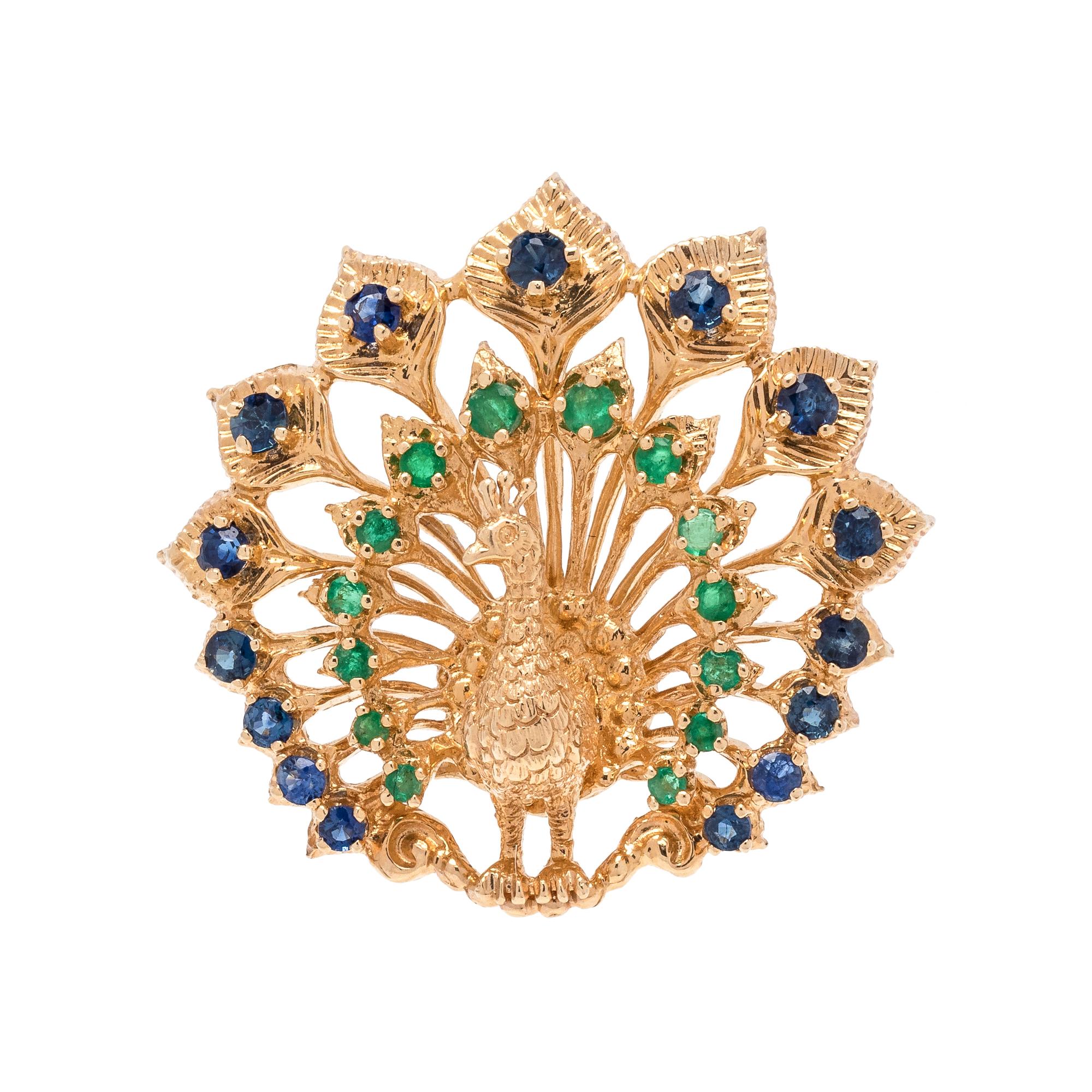 YELLOW GOLD, EMERALD AND SAPPHIRE PEACOCK PENDANT/BROOCH