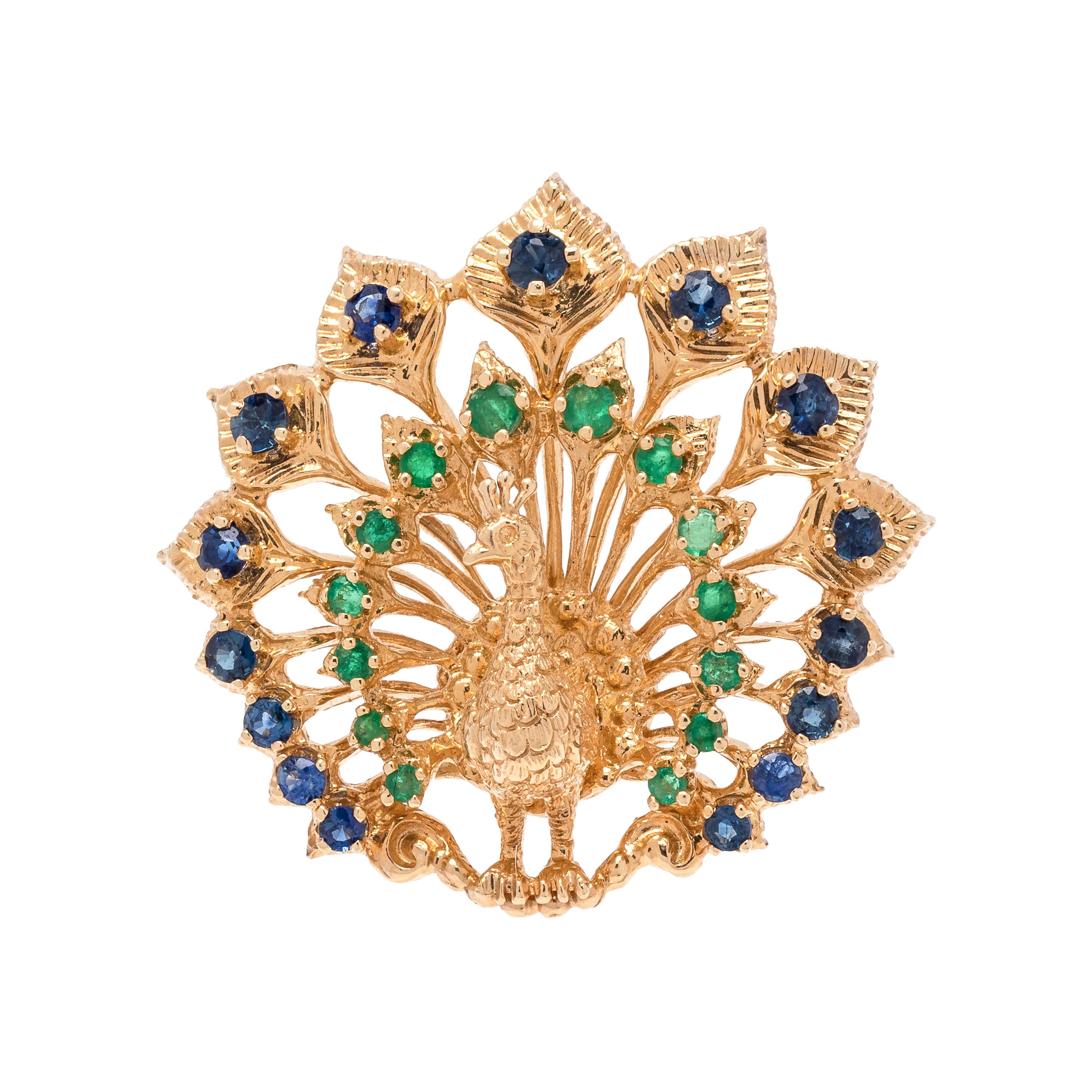 YELLOW GOLD, EMERALD AND SAPPHIRE PEACOCK PENDANT/BROOCH