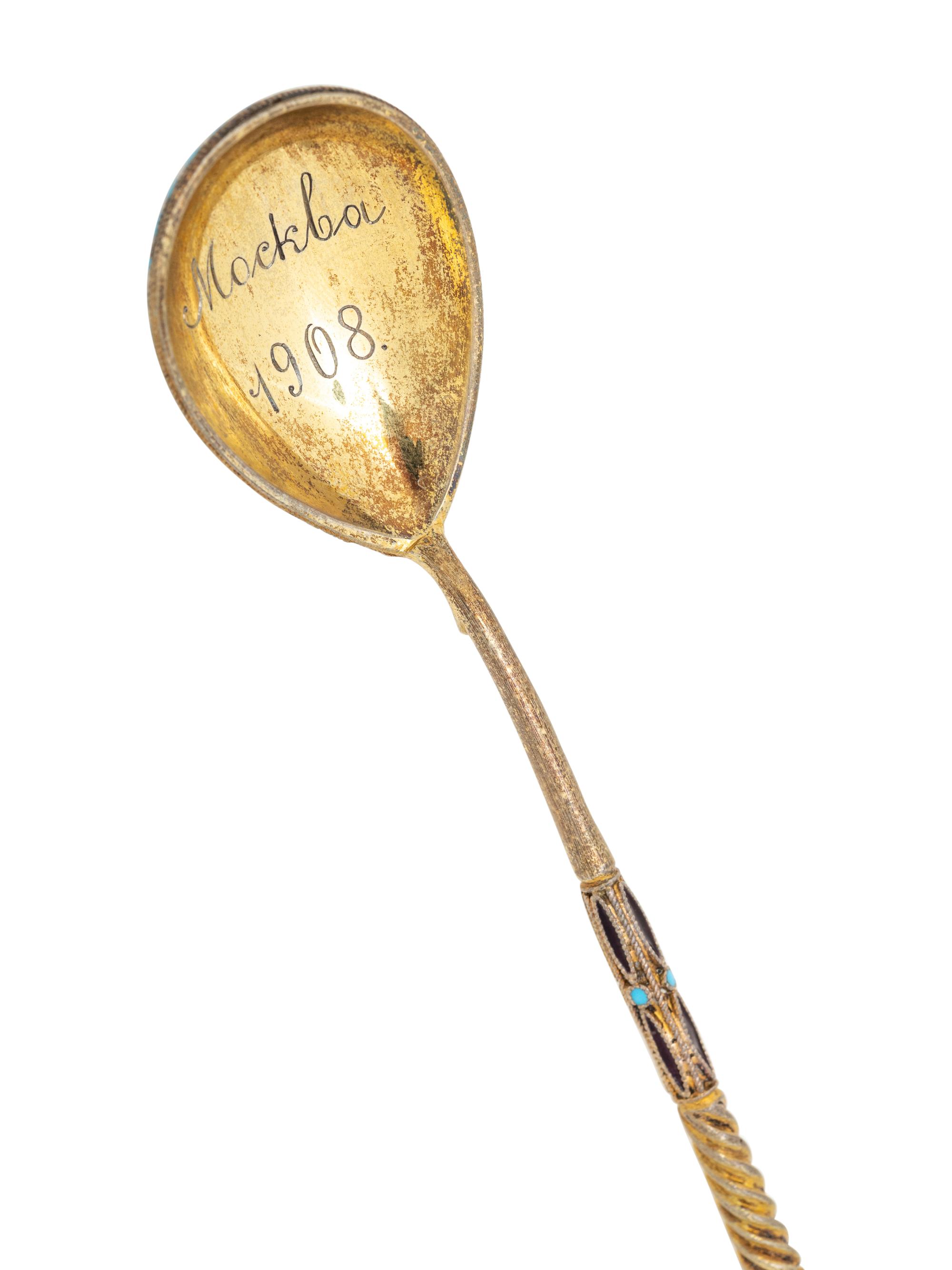 Six Russian Enameled Silver-Gilt Teaspoons