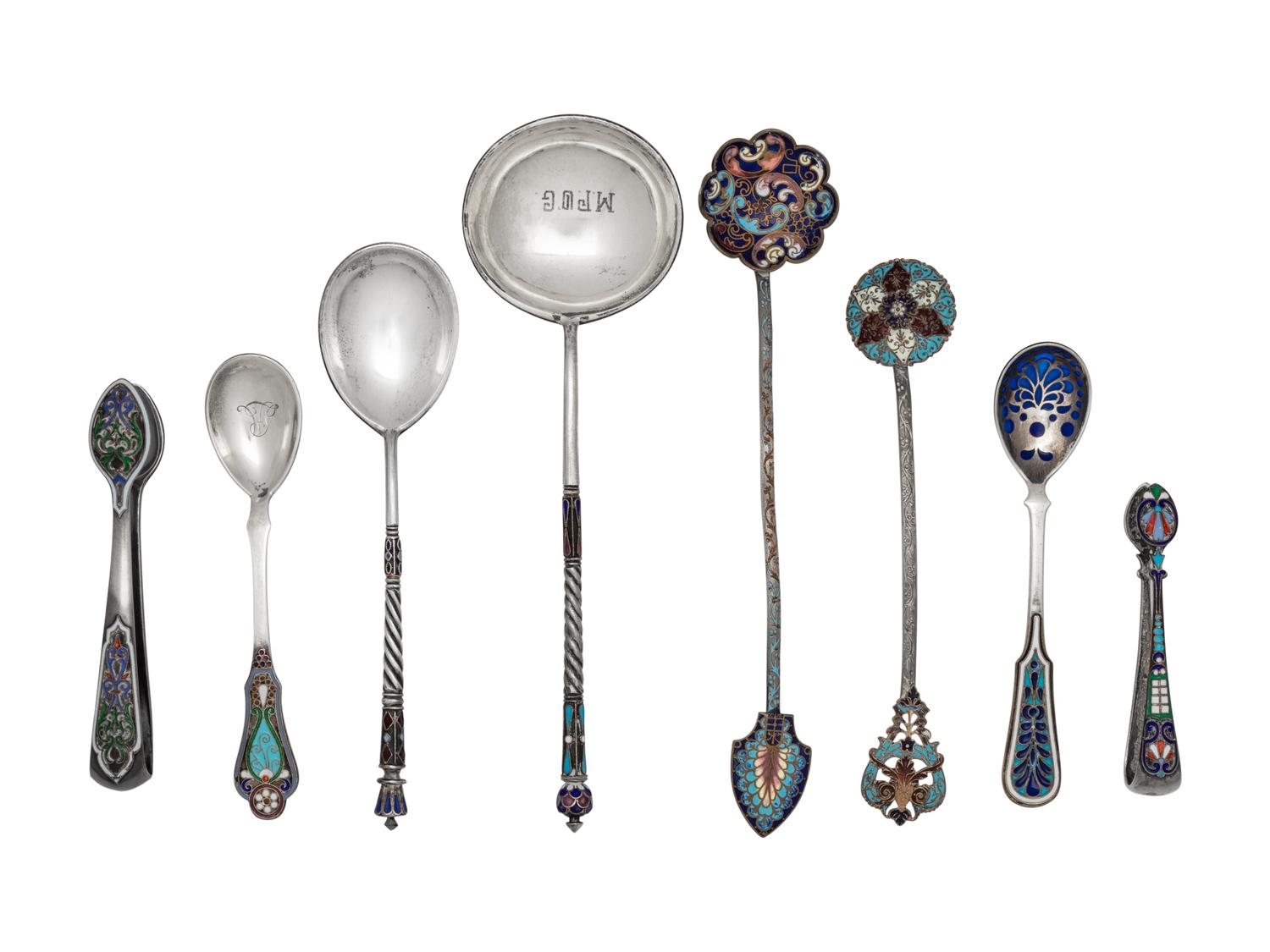 A Group of Six Russian Enameled Silver Flatware Articles