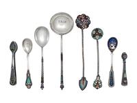 A Group of Six Russian Enameled Silver Flatware Articles