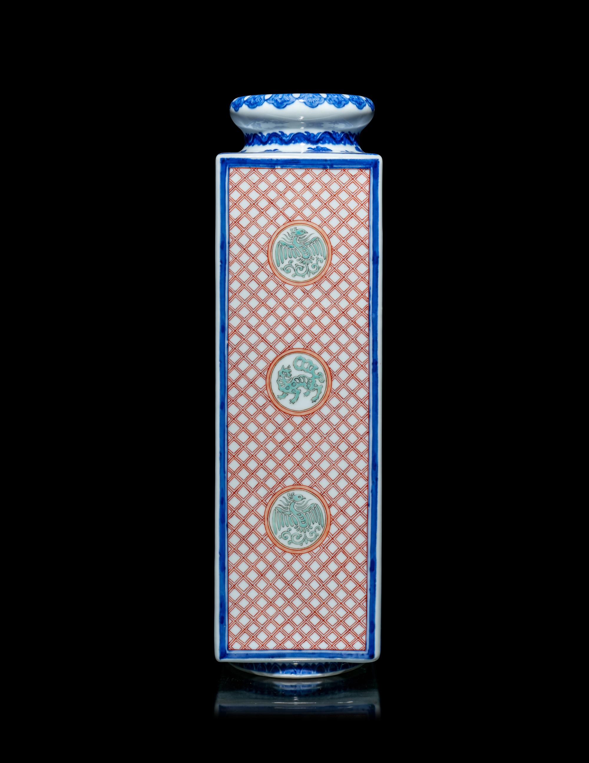 A Japanese Underglazed Blue and Polychrome Enamelled Porcelain Square Vase