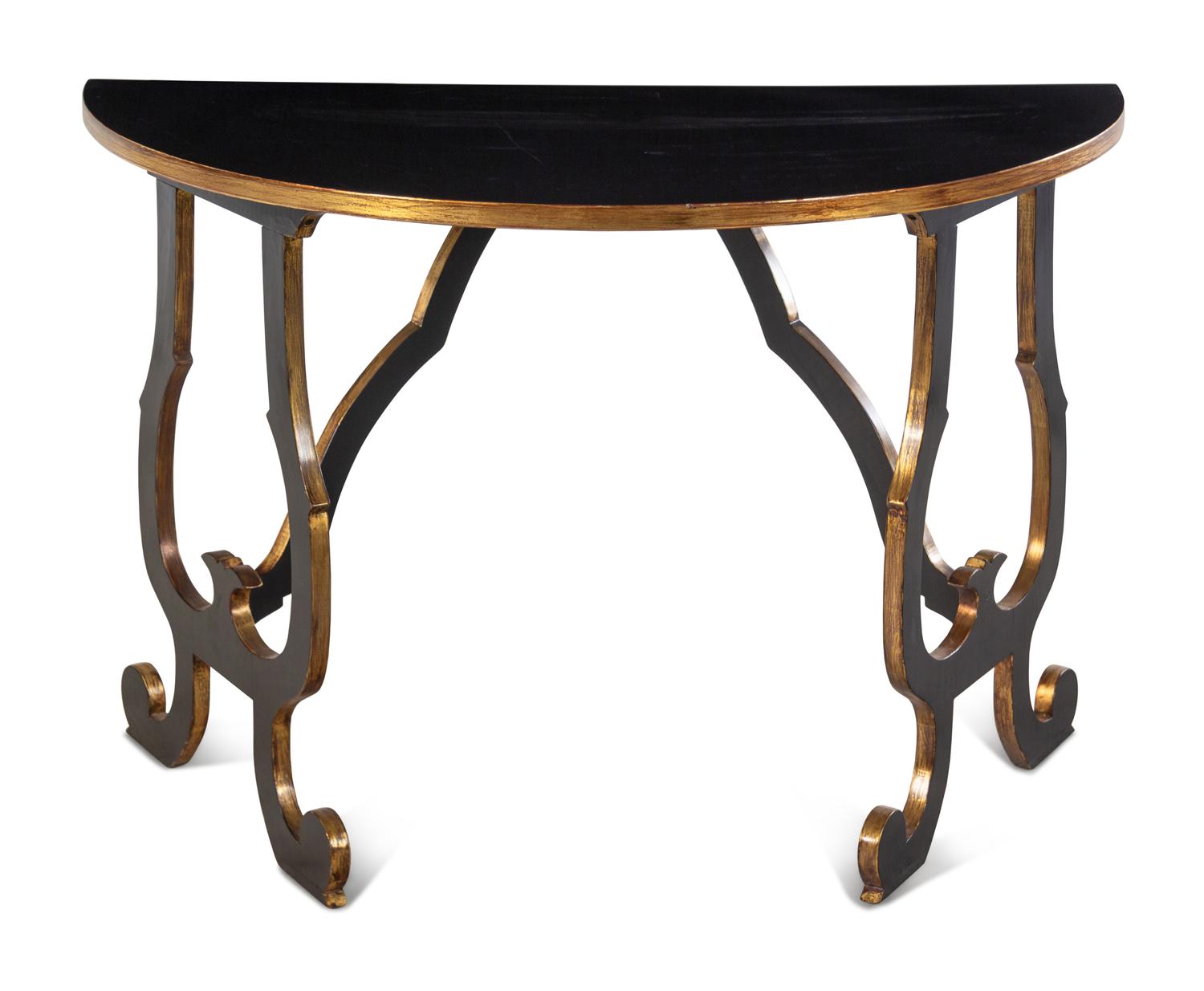 A Contemporary Black Painted and Parcel Gilt Demilune Table