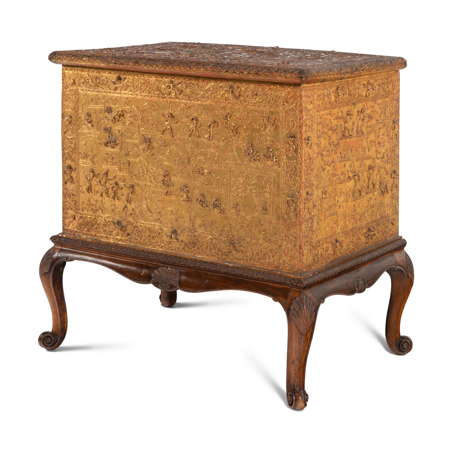A Burmese Gilt Lacquer Manuscript Chest on an Associated Stand