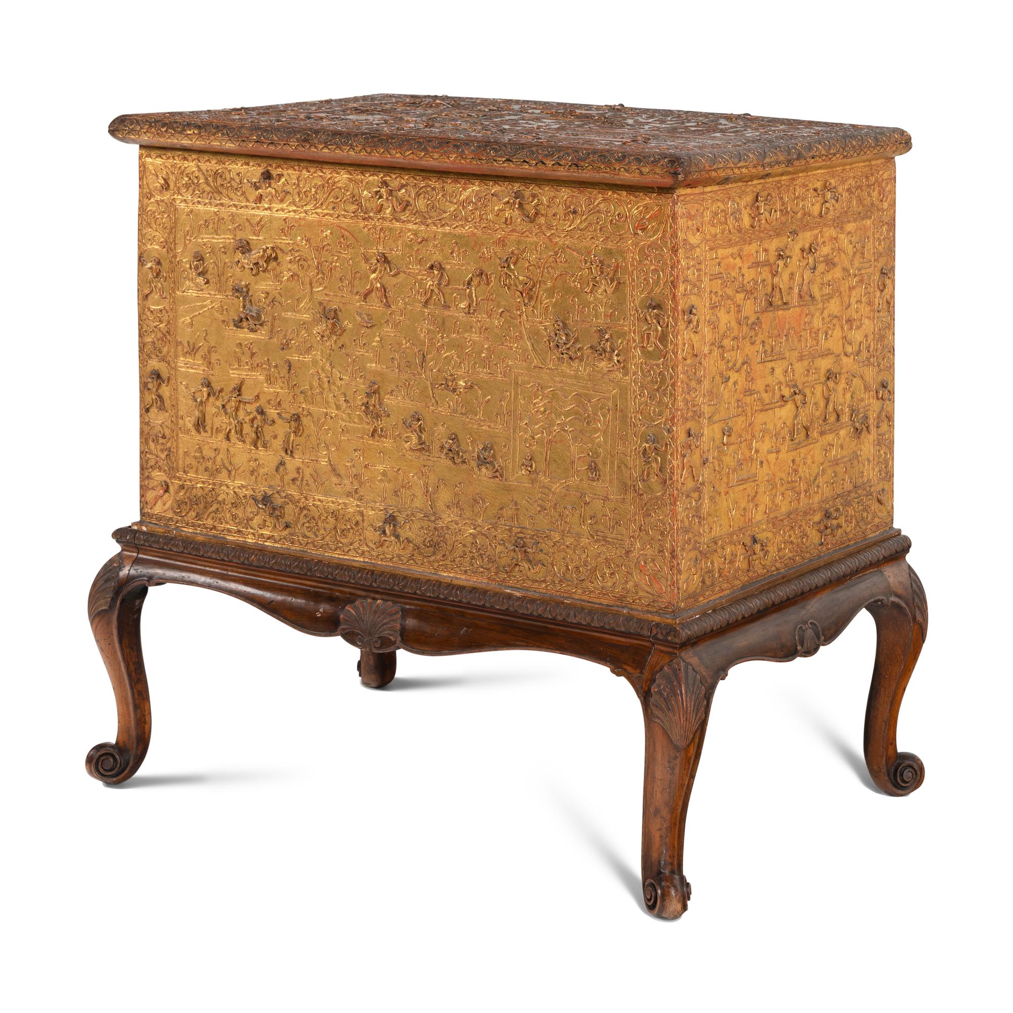 A Burmese Gilt Lacquer Manuscript Chest on an Associated Stand