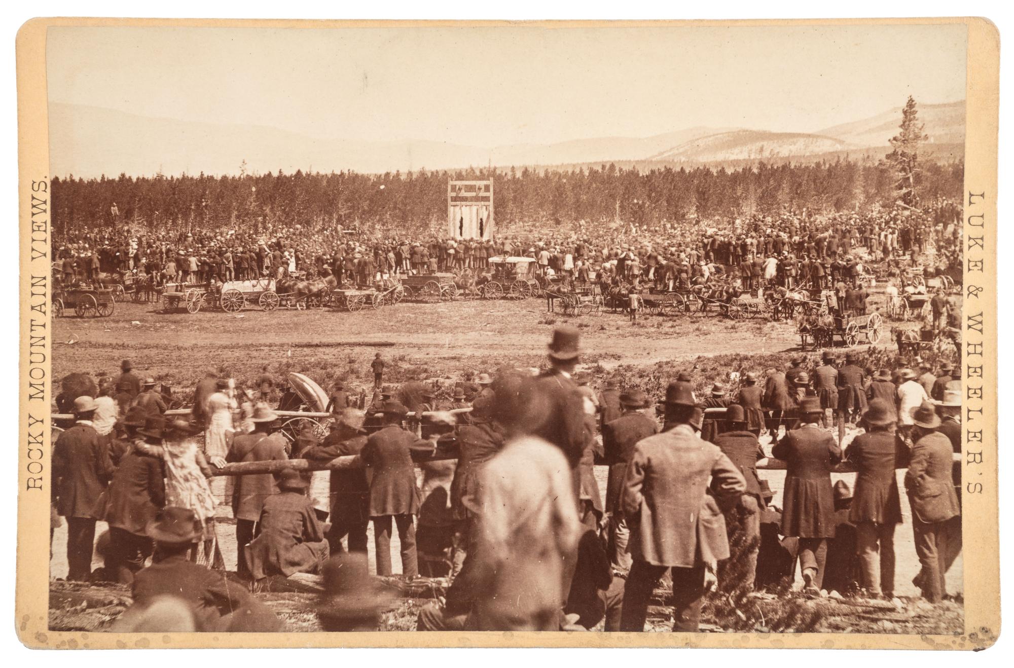 [COLORADO]. Luke & Wheeler, photographers. Cabinet card featuring the hanging of Gilbert and Rosengrants at Leadville, 15 June 1881.