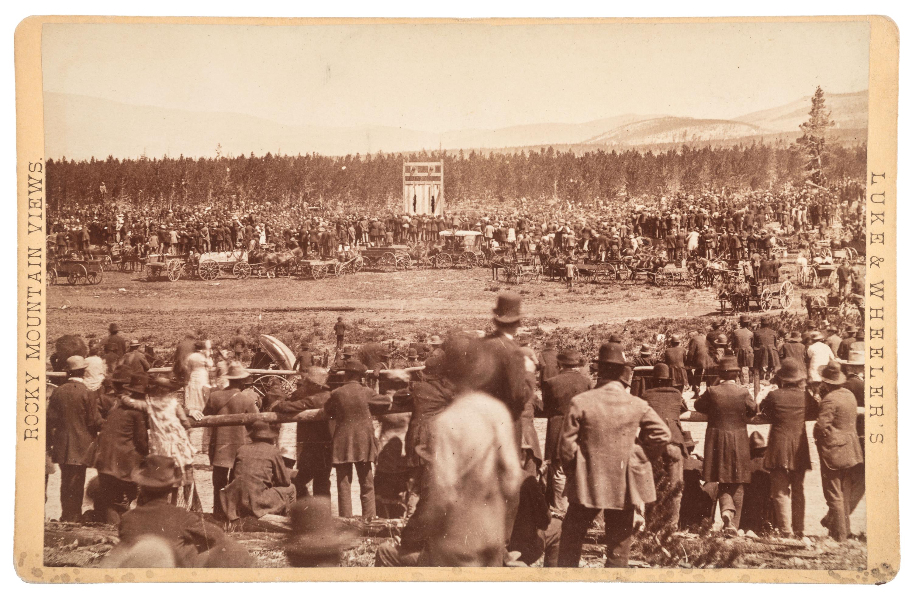 [COLORADO]. Luke & Wheeler, photographers. Cabinet card featuring the hanging of Gilbert and Rosengrants at Leadville, 15 June 1881.