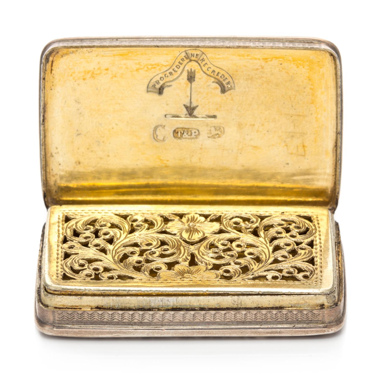A Victorian Silver Vinaigrette, Taylor & Perry, Birmingham, 1838, the lid decorated with a scene of Newstead Abbey surrounded by a flor