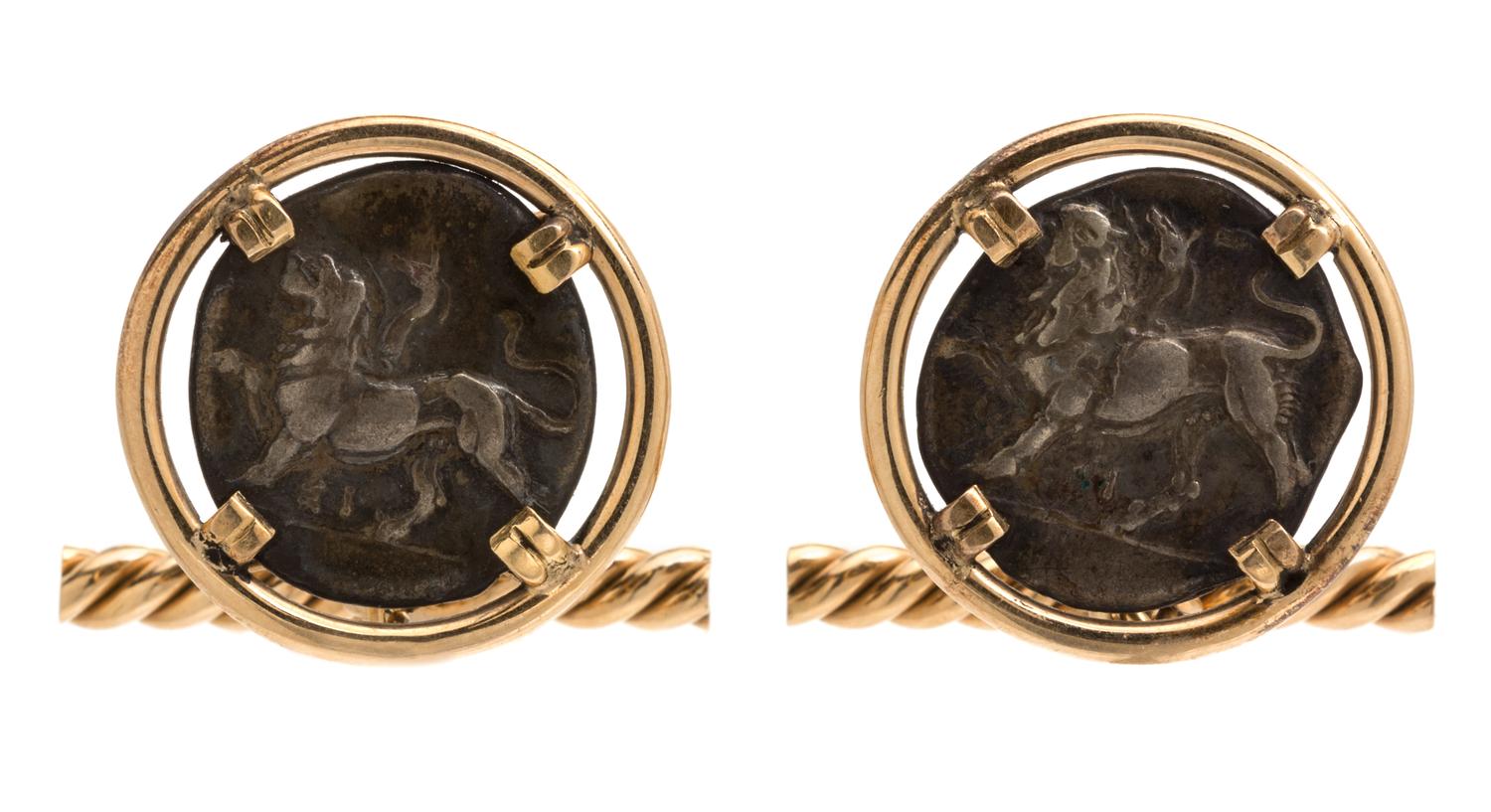 A Pair of Yellow Gold and Ancient Greek Silver Coin Cufflinks, 15.10 dwts.