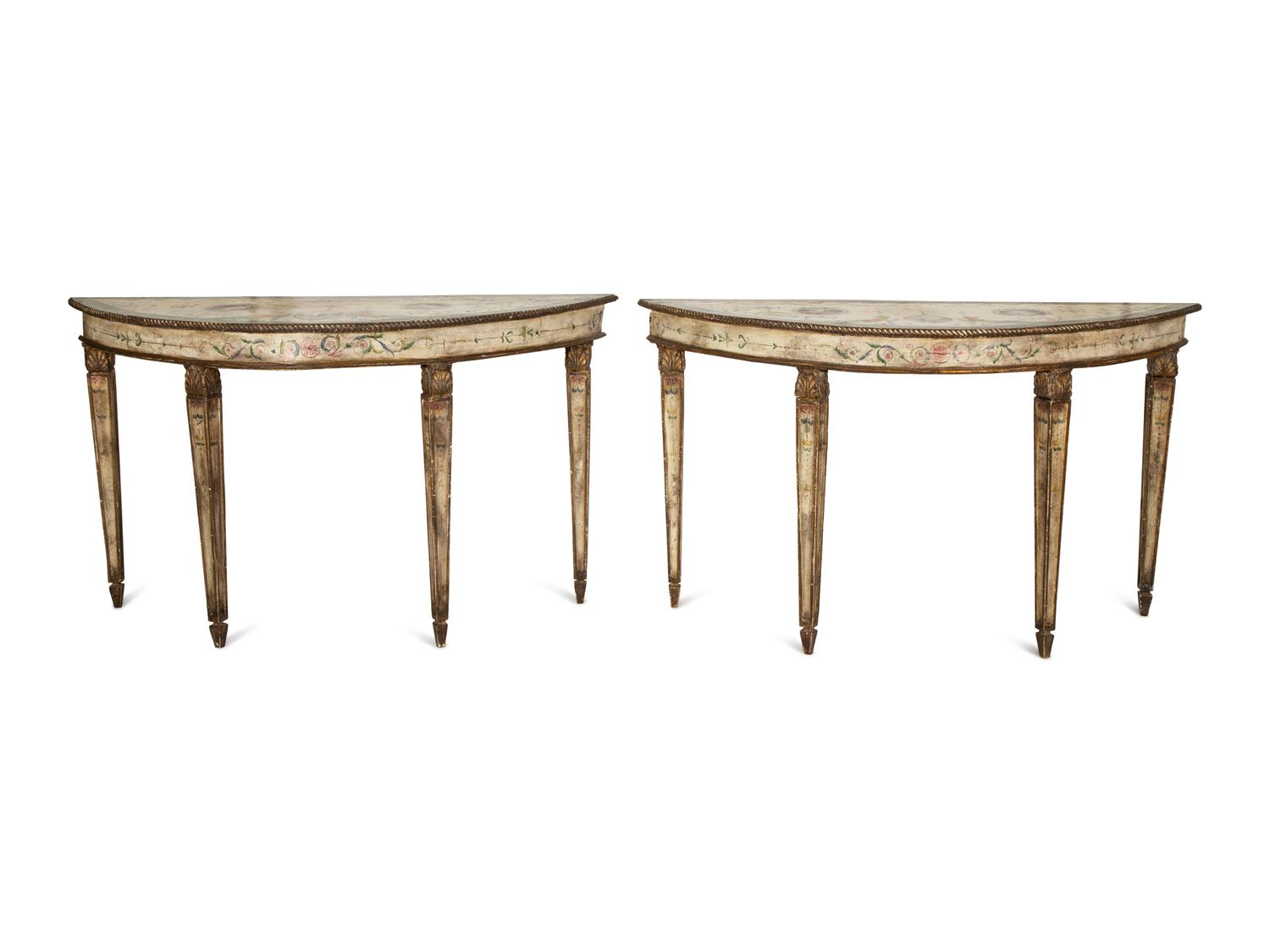 A Pair of Venetian Painted Demilune Console Tables