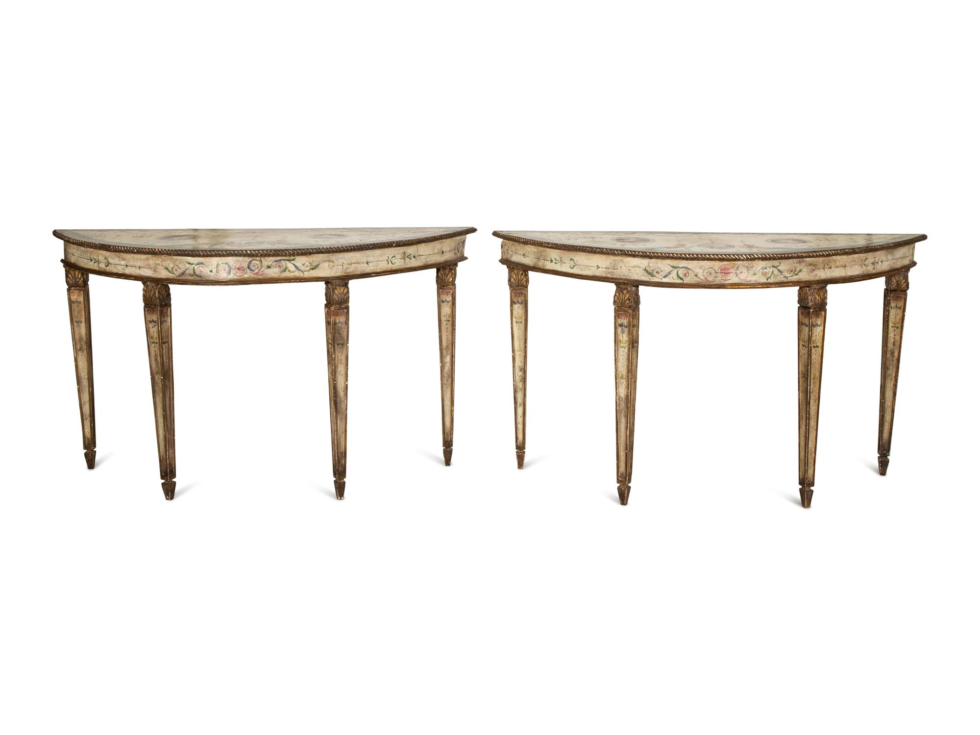 A Pair of Venetian Painted Demilune Console Tables