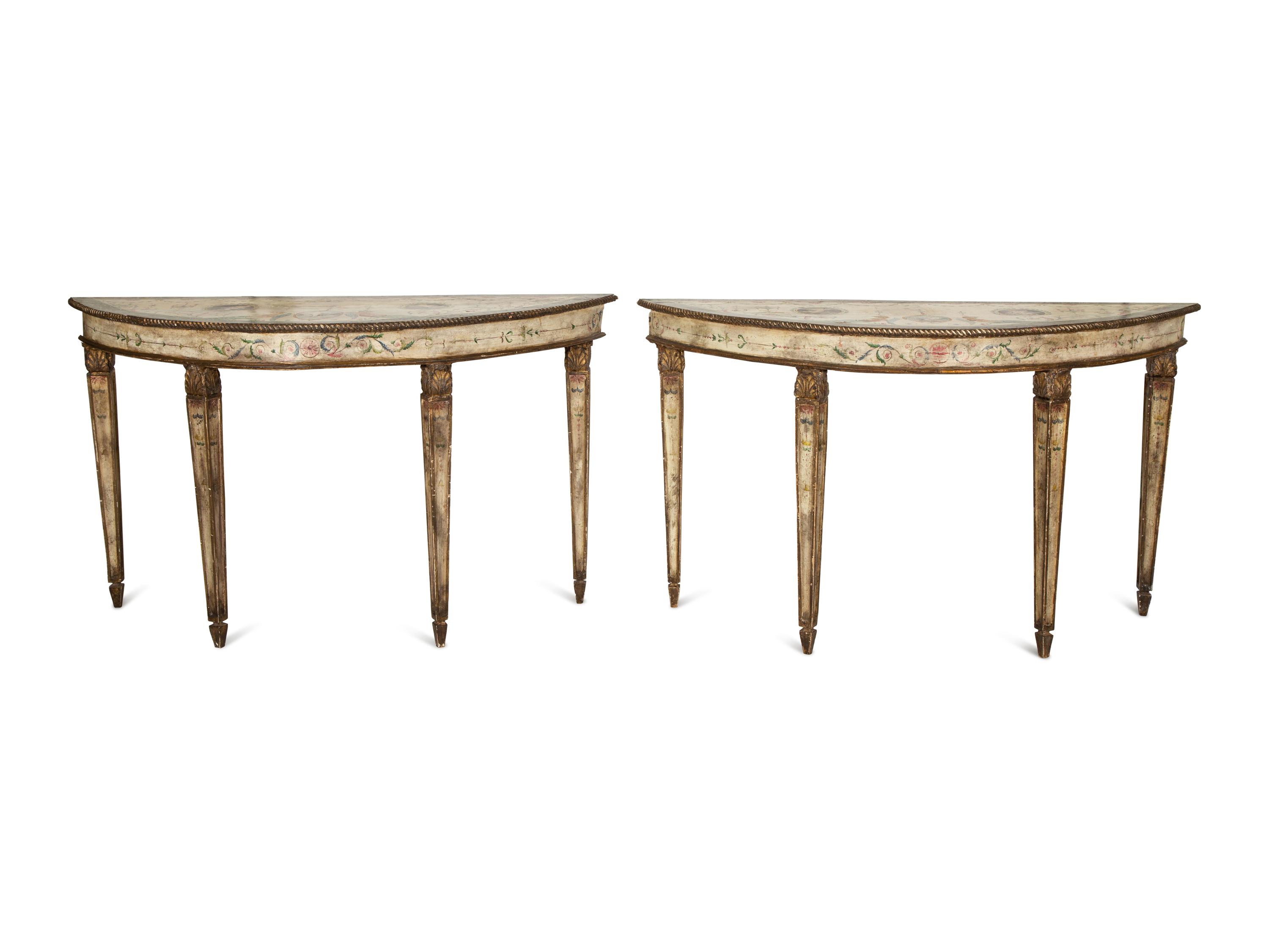 A Pair of Venetian Painted Demilune Console Tables