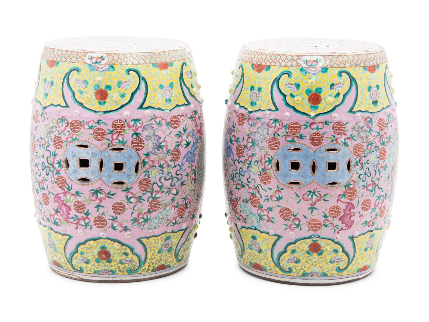 A Pair of Famille Rose Porcelain 'Longevity' Garden Stools