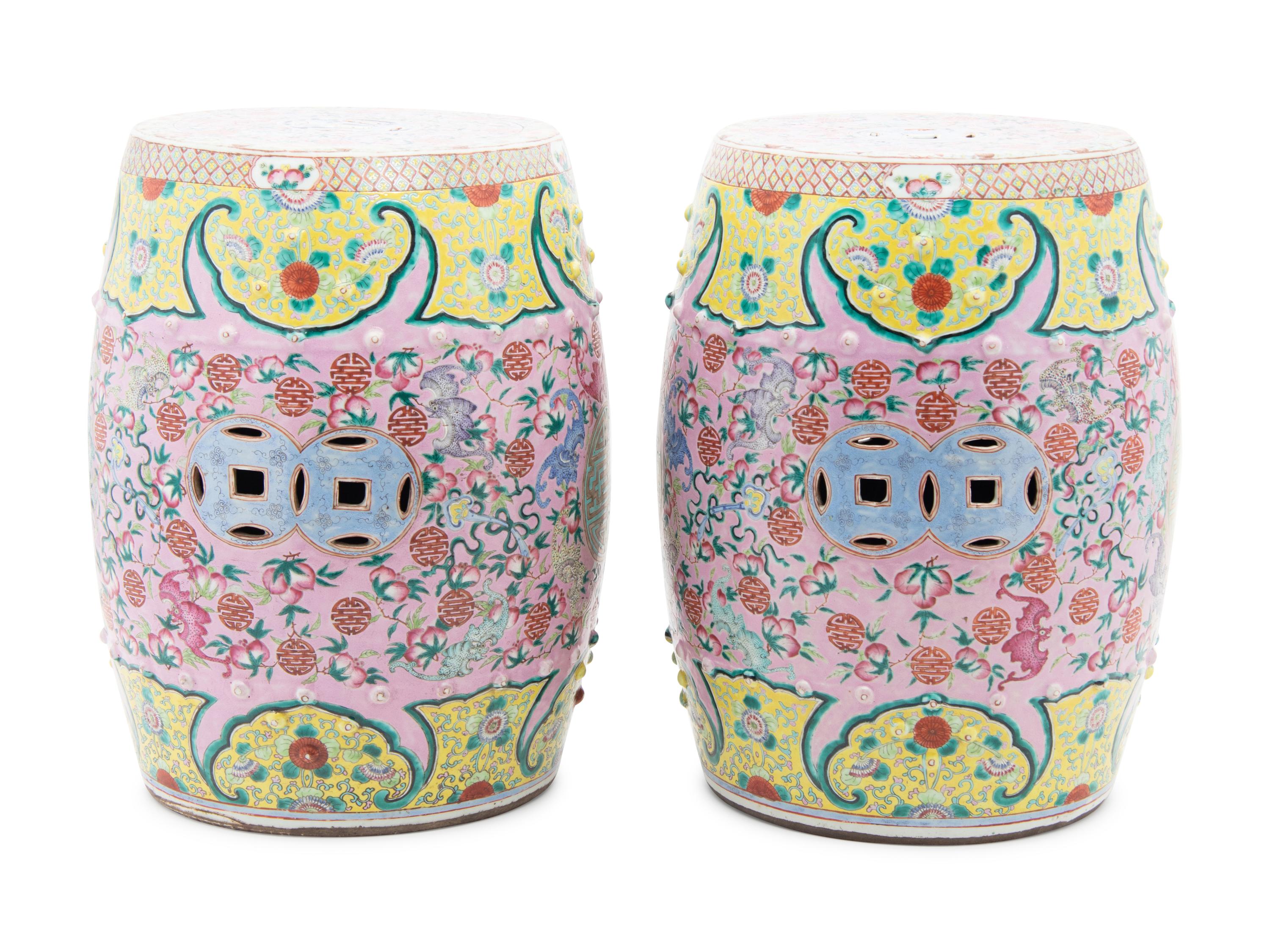A Pair of Famille Rose Porcelain 'Longevity' Garden Stools