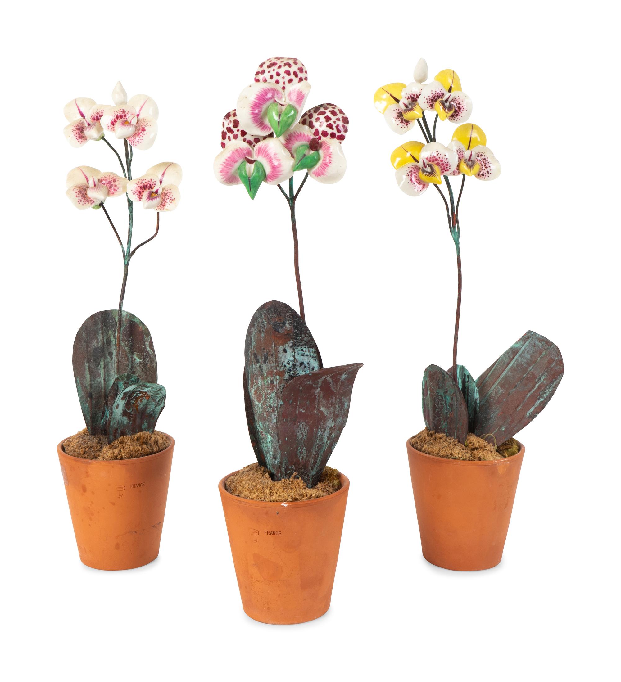 Three French Enameled Metal Potted Orchids